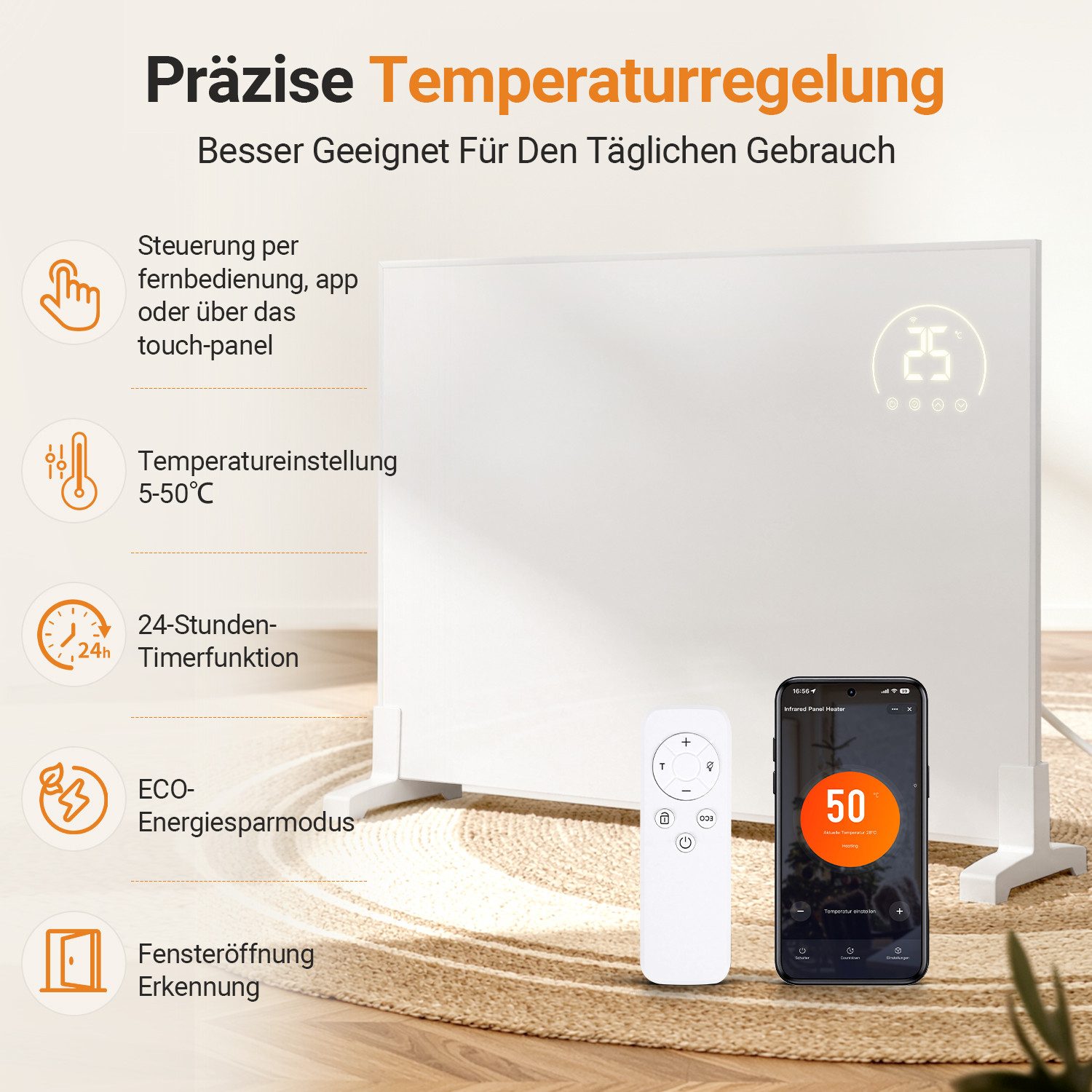 Clanmacy Infrarotheizung Infrarotheizung 960 W mit WLAN, Thermostat, Wandmontage und Standfüßen, Überhitzungsschutz, Einstellbarer Thermostat – Bild 3 von 5