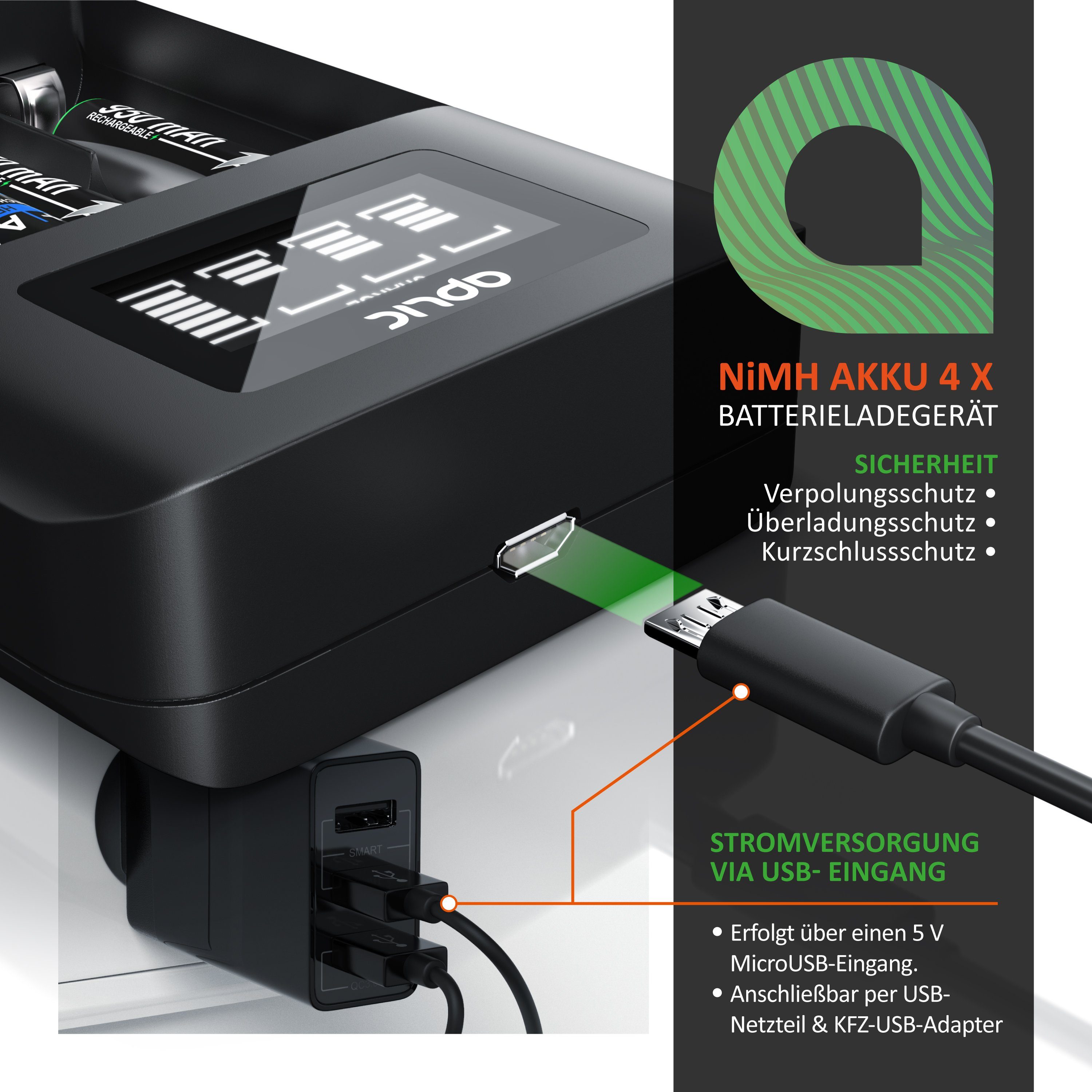 Aplic 4-Schacht USB Ni-MH Akku-Lader, Individuelle Ladeschachtüberwachung Batterie-Ladegerät (1800 mA, 1-tlg., Universal Batterie Ladestation, Typ AA oder AAA,  – Bild 5 von 5
