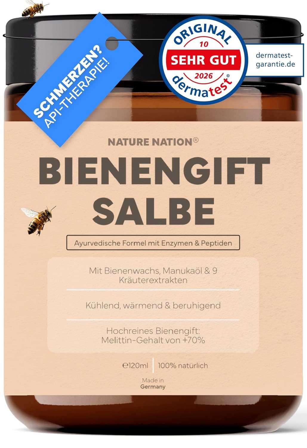 NATURE NATION Körpercreme Bienengiftsalbe: Bee Venom Creme, Bienenwachs, Kräuter; Kühlt & wärmt, 1-tlg., Hochreines Bee Venom mit >70% Melittin, 9 Kräuterextrakte