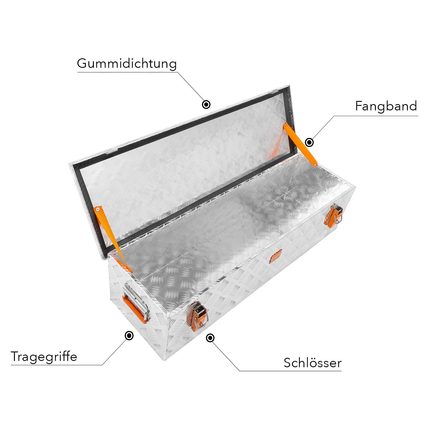 ALUBOX Aufbewahrungsbox mit Deckel Alukiste Riffelblech (75 Liter), Fangbänder im Deckel - Dichtung im Deckel - 1,5 mm Blechstärke