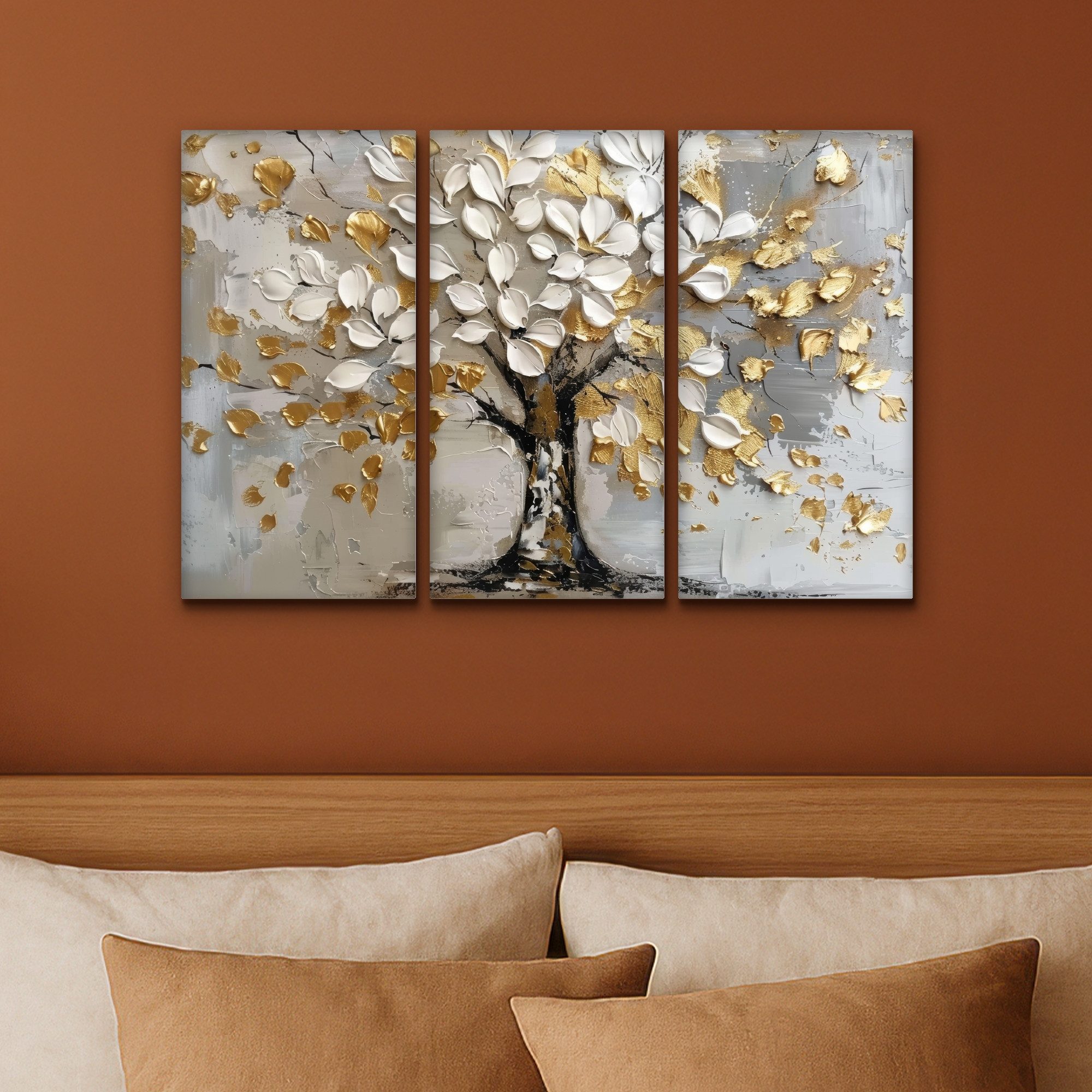 MuchoWow Leinwandbild Baum - Weiß - Gold - Lackoptik, Fotodruck (3 St), Wand Bilder 3 Set, Deko Schlafzimmer Wohnzimmer Flur 60x40 cm – Bild 4 von 5