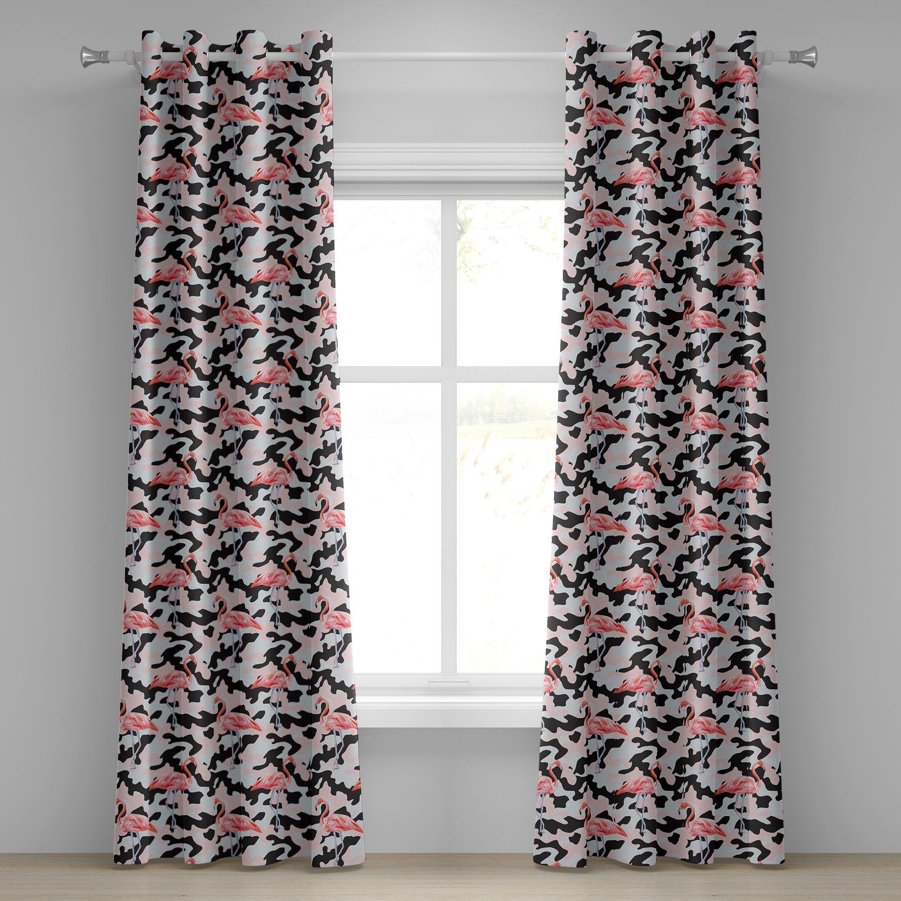 Flamingo Wohnzimmer, Camo Aquarell Abakuhaus, für Schlafzimmer Gardine Natur 2-Panel-Fenstervorhänge Dekorative