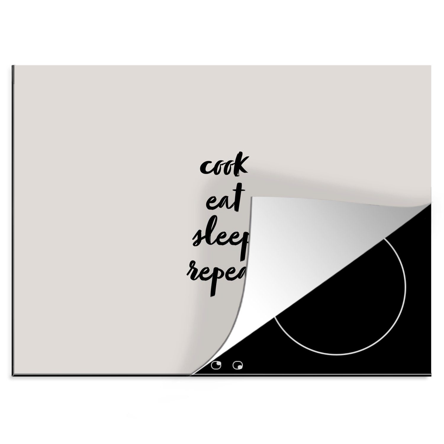MuchoWow Herdblende-/Abdeckplatte Zitate - Essen - Sprichwörter - Kochen essen schlafen wiederholen -, Vinyl, (1 tlg), 59x52 cm, Ceranfeldabdeckung für die küche, Induktionsmatte
