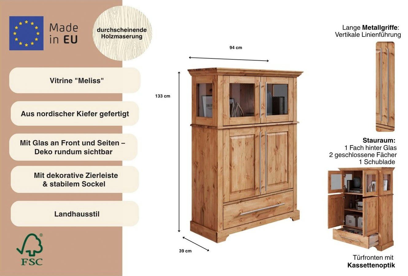 OTTO home Highboard Melissa Vitrine Breite/Höhe/Tiefe 94/39/133 cm