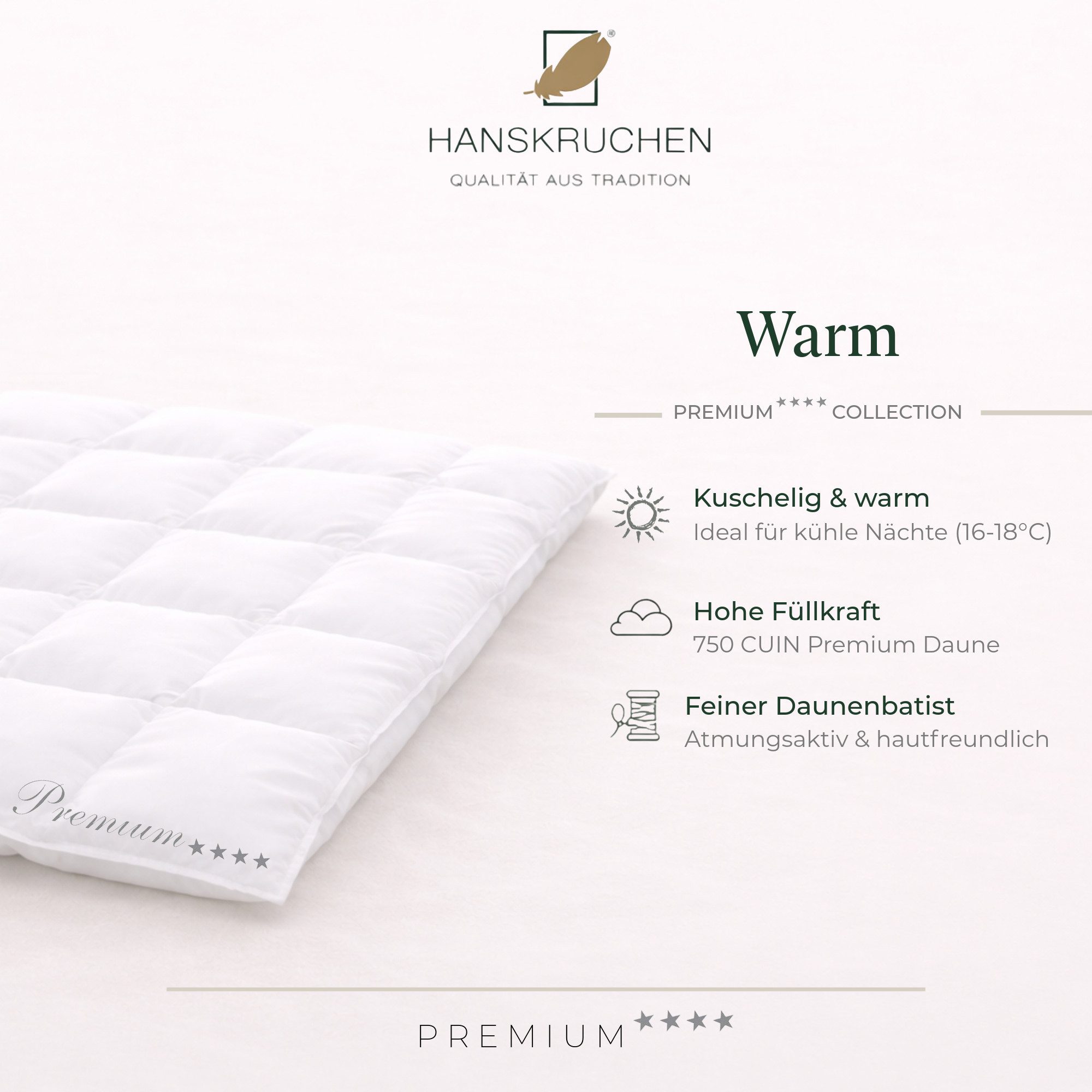 HANSKRUCHEN Daunenbettdecke Hanskruchen Daunendecke Premium 4 Sterne Warm 135 x 200 cm, Bezug: 100% Baumwolle