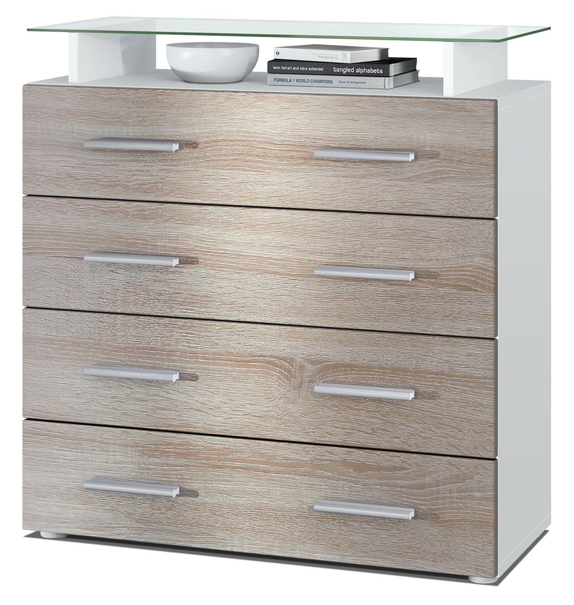 Vladon Kommode Pavos V2 (Kommode, mit 4 Schubladen und Glasablage), Weiß matt/Eiche sägerau (76 x 81 x 35 cm)