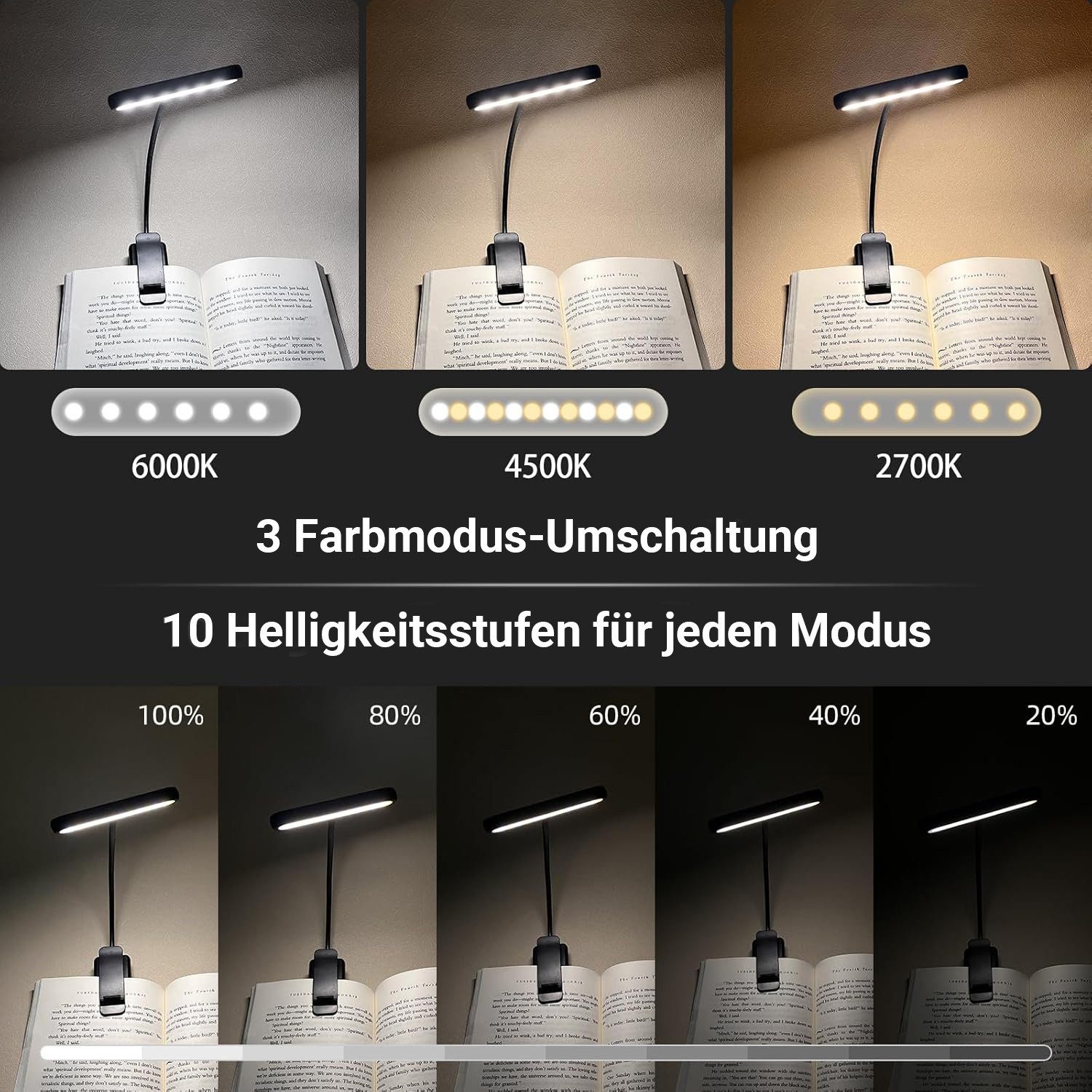 MUPOO LED Leselampe Klemmlampe Breites Licht, USB Aufladbar, 3 Farben & 10 günstig online kaufen
