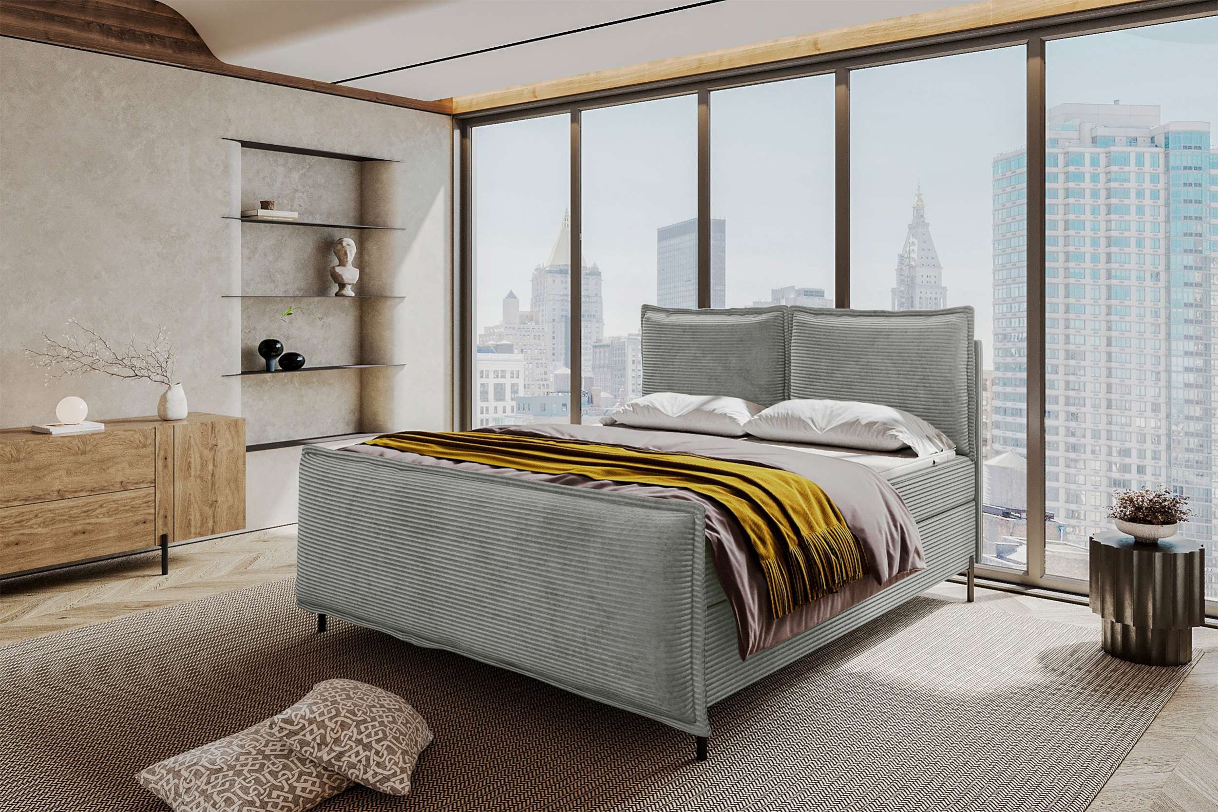 99rooms Boxspringbett Vero (Schlafzimmerbett, Bett), 140/160/180/200x200 cm, in Cord POSO, mit Topper, Bettkasten