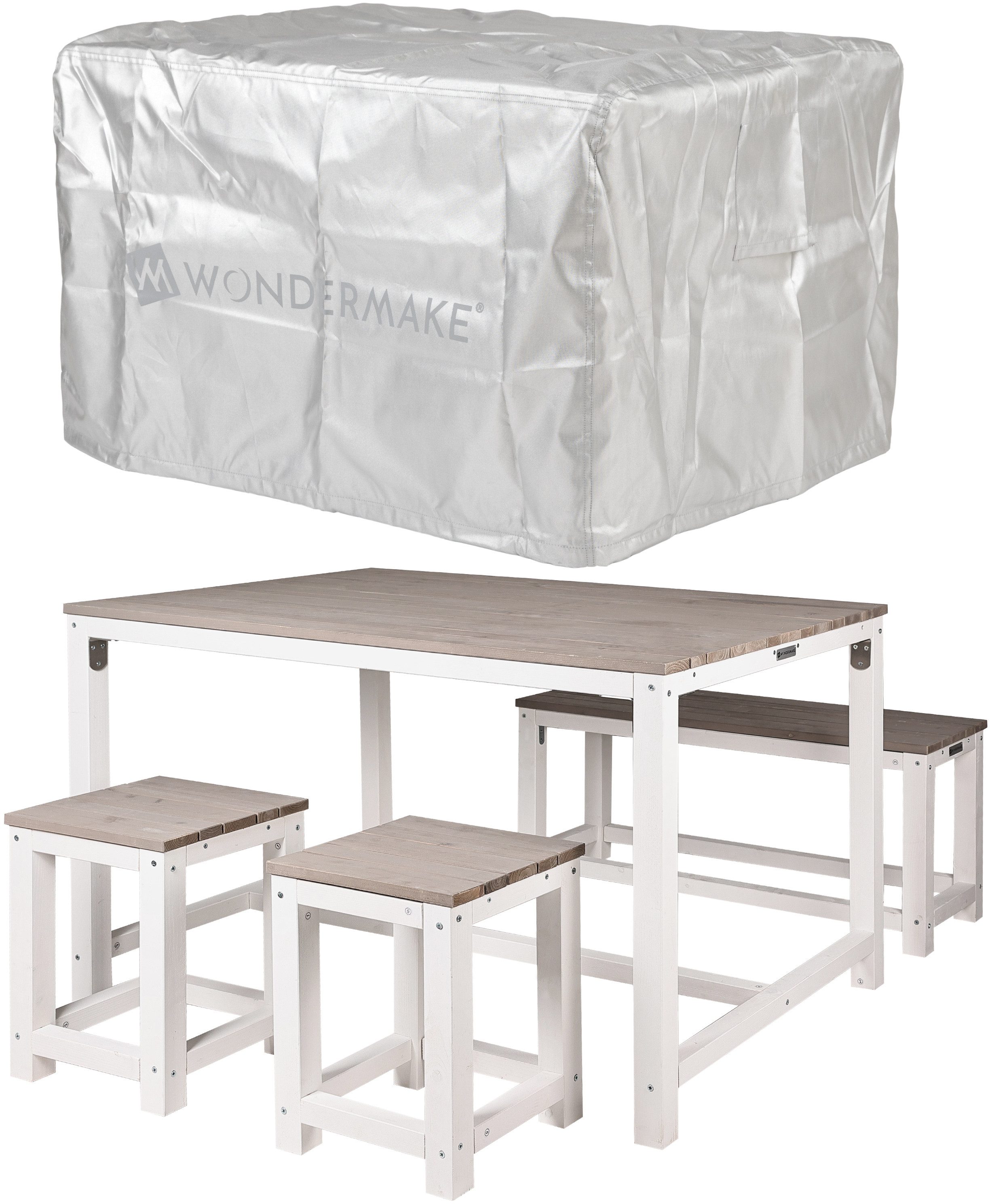 WONDERMAKE Sitzgruppe Sitzgarnitur Holz Outdoor Garten Balkon Terrasse Essgruppe Essgarnitur, (1x Tisch, 1x Bank, 2x Hocker, 4-tlg), Möbel-Set draußen außen 4-teilig: Holztisch Sitzbank Stühle, weiß grau