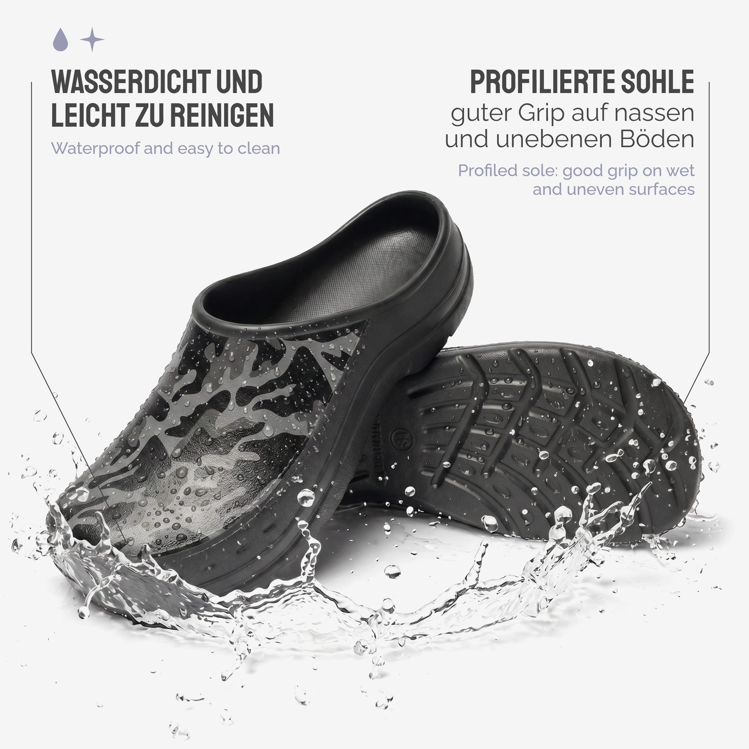 Ladeheid Gartenclogs für Herren Ultraleicht EVA Gartenschuhe LA-CA-26 Clog (40 EU, Schwarz/Grau Tarnmuster) Wasserdicht & Flexibel – Bild 3 von 5