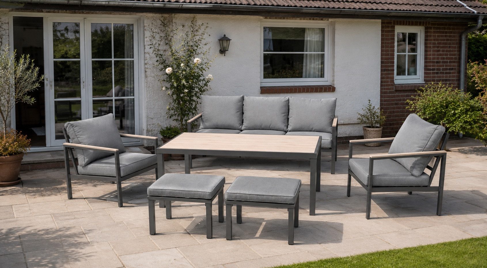 Green Spirit Gartenlounge-Set Rialto Dining Lounge 6-teilig Aluminium anthrazit Holzoptik hellgrau