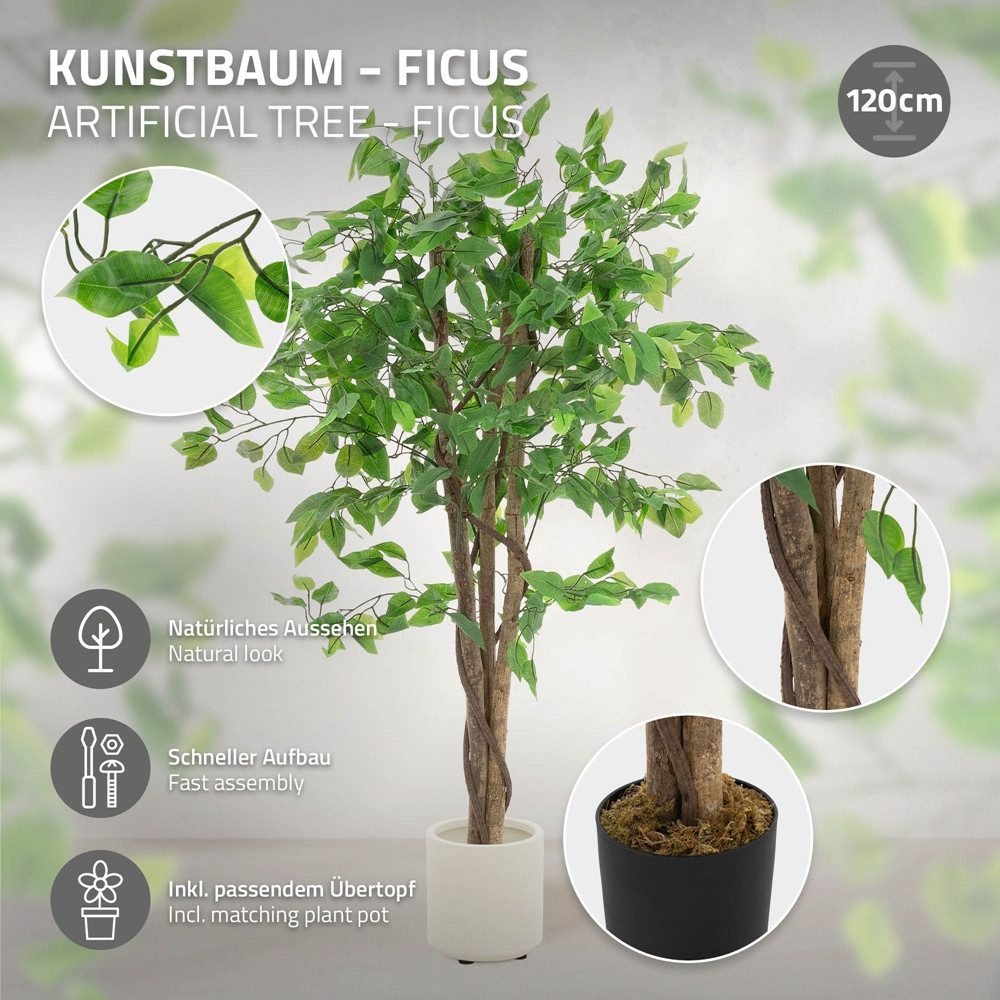 Kunstpflanze Künstliche Pflanze für Wohnräume & Garten dekorative Zimmerpflanze, ML-DESIGN, Höhe 120 cm, Kunstbaum Ficus 120 cm für Innen & Außen mit Naturholzstamm im Topf