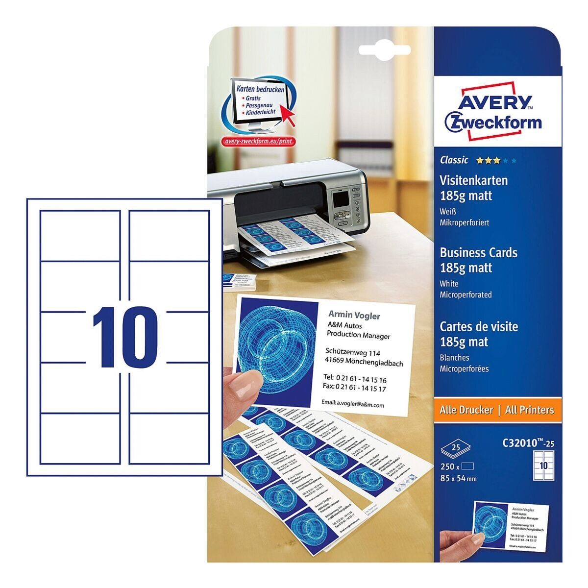 Avery Zweckform Visitenkarten, 25 Blatt = 250 Karten, blanko, weiß-matt | Kugelschreiber