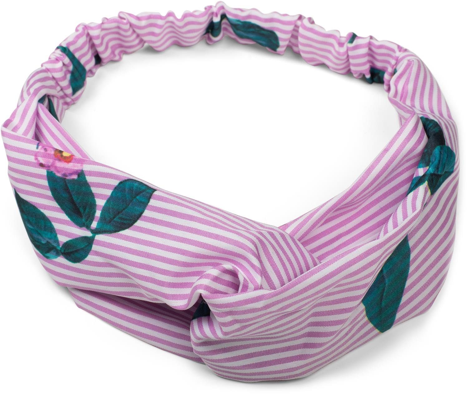 styleBREAKER Haarband, 1-tlg., Streifen Haarband mit Twist Knoten und Blumen Rosa-Weiß