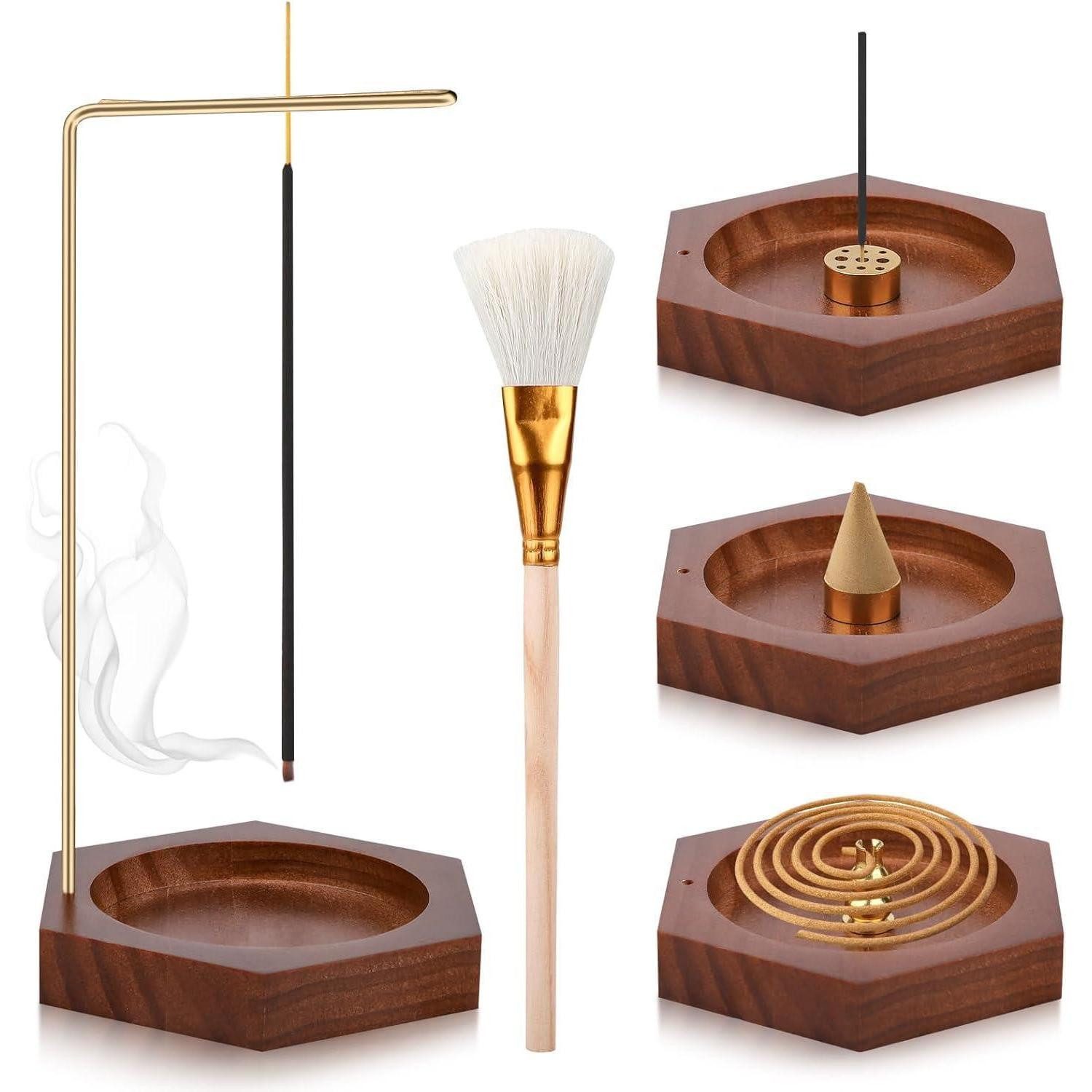 LuxusKollektion Räucherstäbchen-Halter Räucherstäbchenhalter Holz Kegel Spule 9 Loch Yoga Hexagone Braun