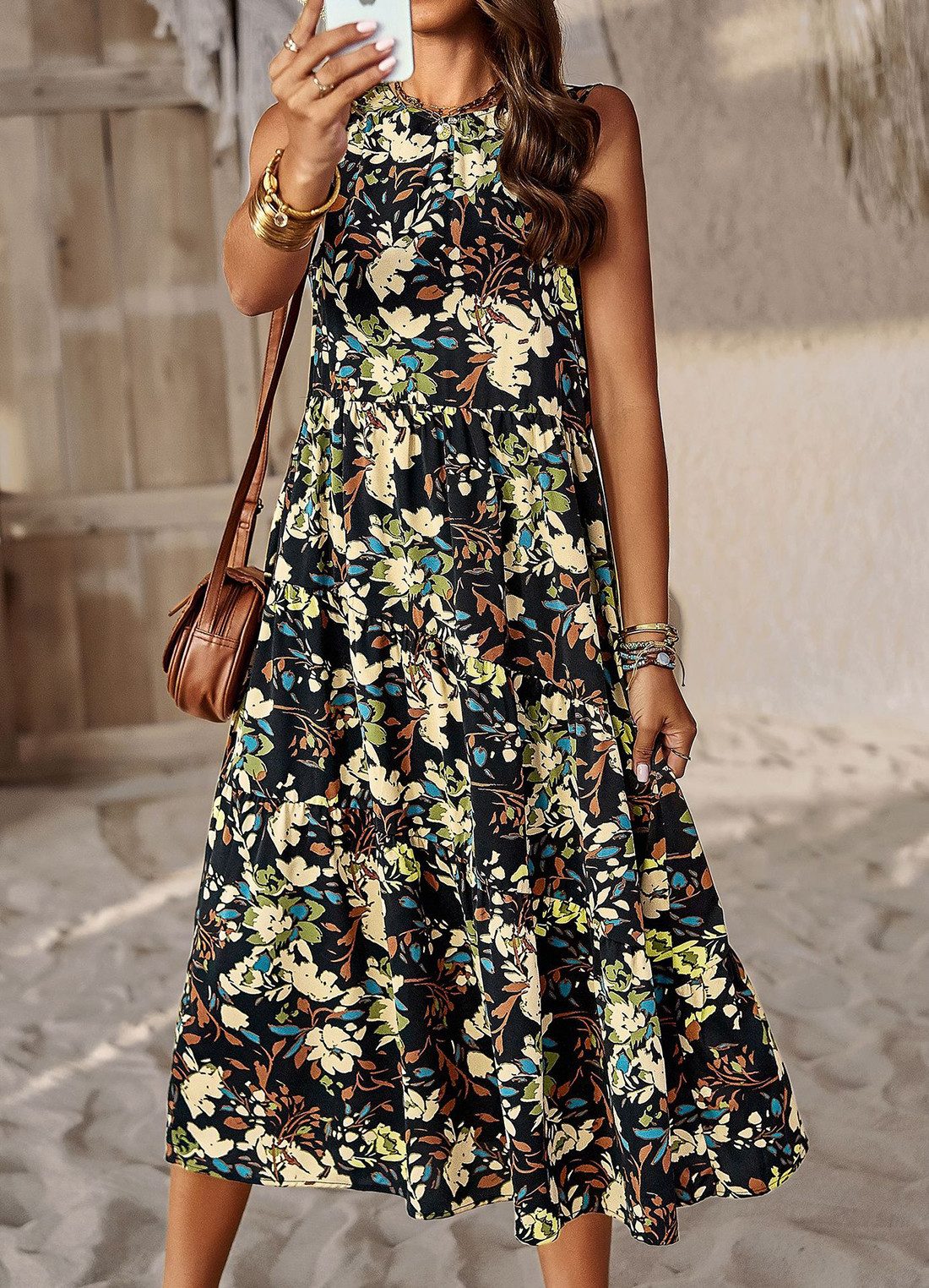Dirndl Sommerkleid Damen Frauen Bedruckter Ärmellos Kleid Lässiger