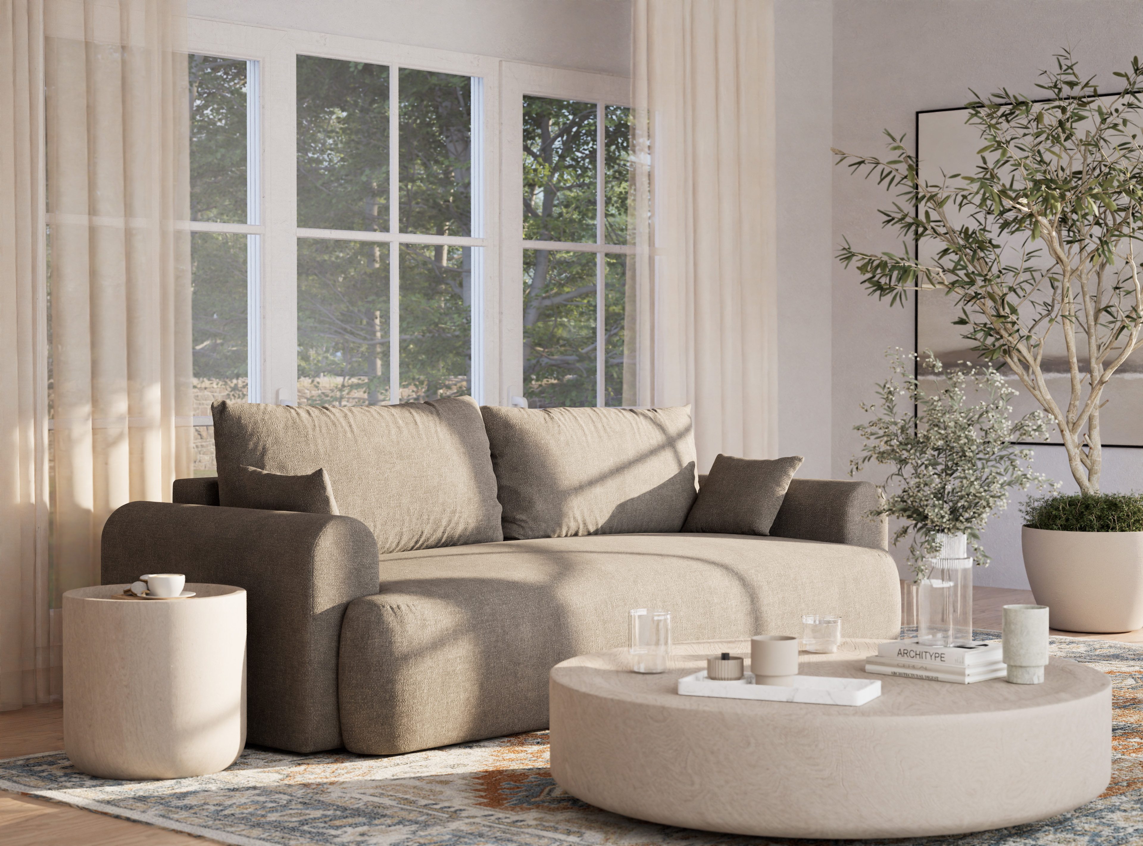 Maison de Rêve 3-Sitzer Sofa mit Schlaffunktion Milos, Schlafsofa mit Bettkasten und Zierkissen, Liegefläche 160x200 cm
