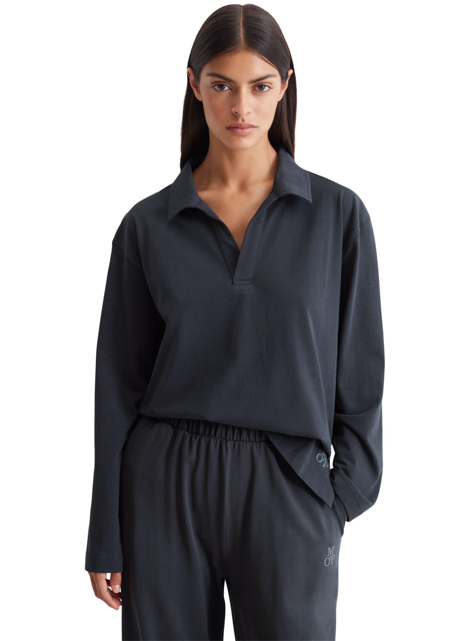 Marc O'Polo Langarm-Poloshirt Heavy Jersey-Woven V-Ausschnitt, günstig online kaufen
