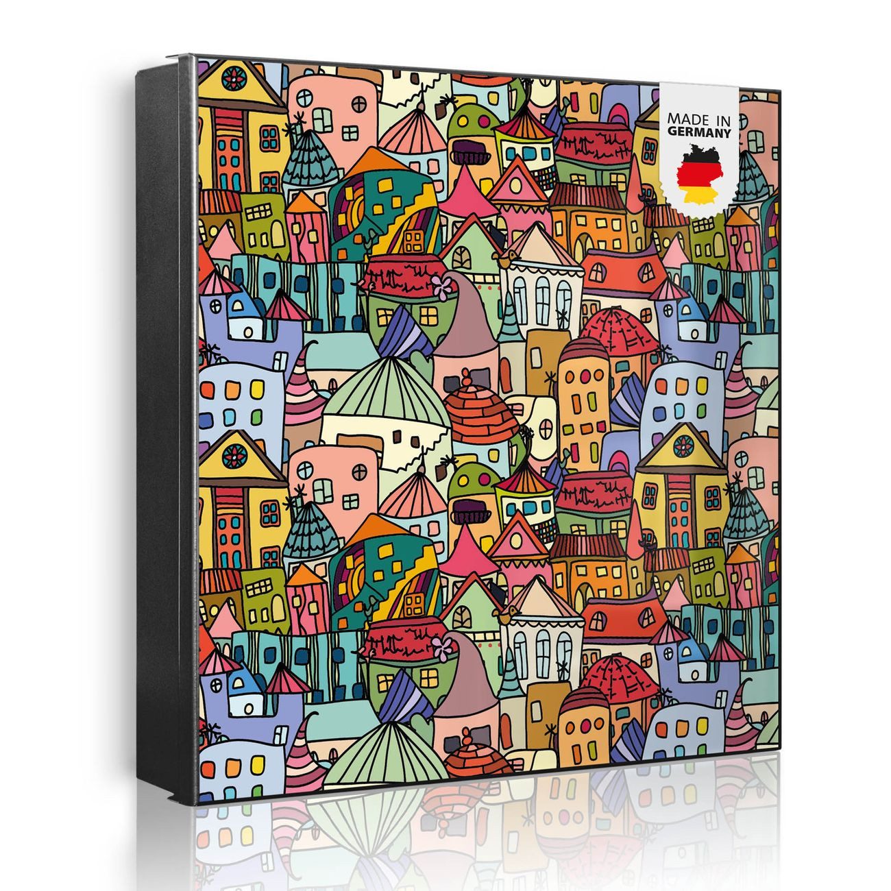 banjado Schlüsselkasten aus Metall mit Motiv Funky Town (Stahl Gehäuse, mit 32 Haken, beschreibbar & magnetisch), 30 x 30 x 5 cm
