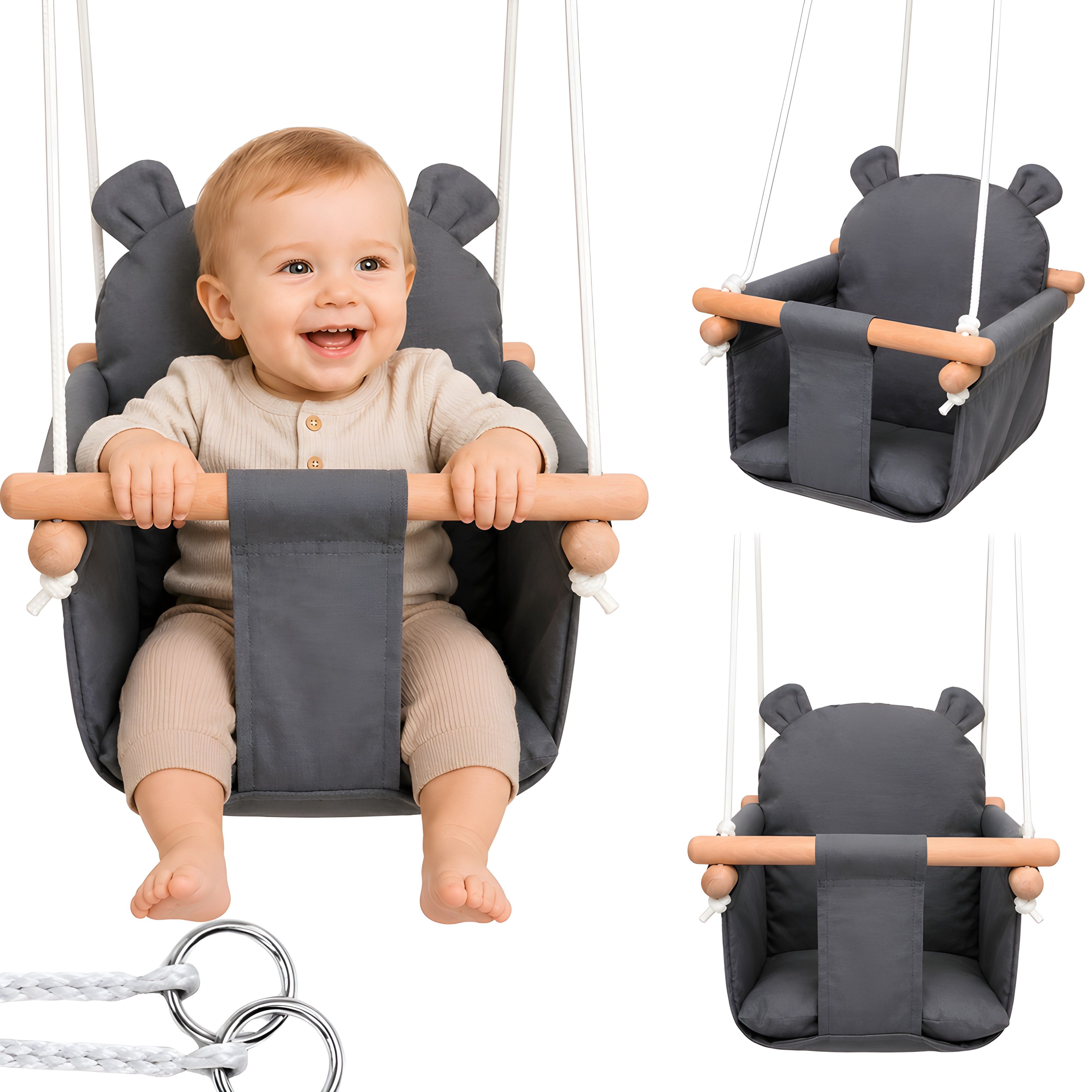 VERK GROUP Babyschaukelsitz Babyschaukel Holz (Babyschaukel), Sicherheitsgurt, Rückenlehne, abnehmbares Kissen, höhenverstellbar
