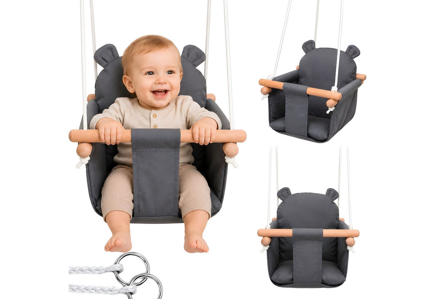 VERK GROUP Babyschaukelsitz Babyschaukel Holz (Babyschaukel), Sicherheitsgurt, Rückenlehne, abnehmbares Kissen, höhenverstellbar