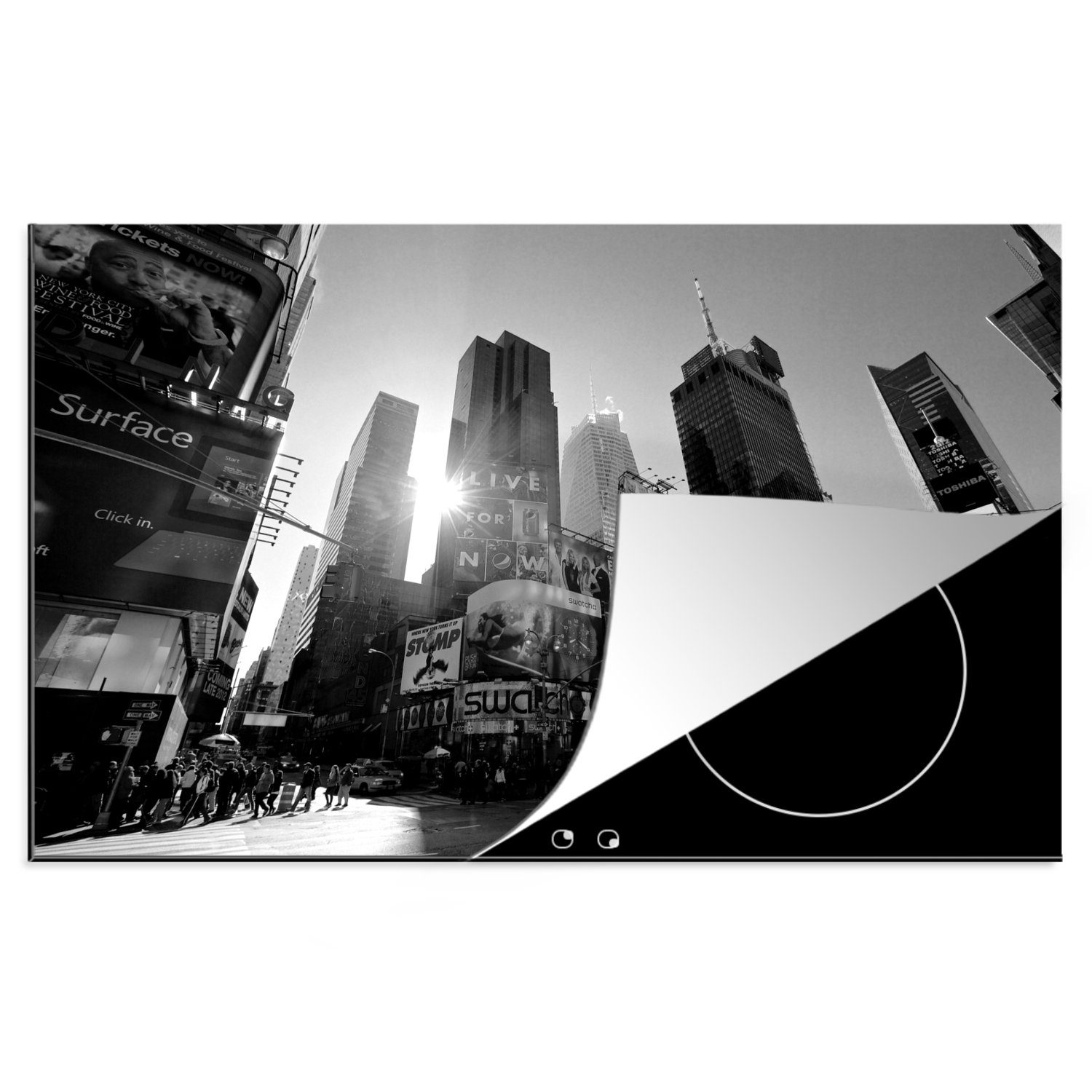 MuchoWow Herdblende-/Abdeckplatte New York - Architektur - Schwarz - Weiß, Vinyl, (1 tlg), 81x52 cm, Induktionskochfeld Schutz für die küche, Ceranfeldabdeckung
