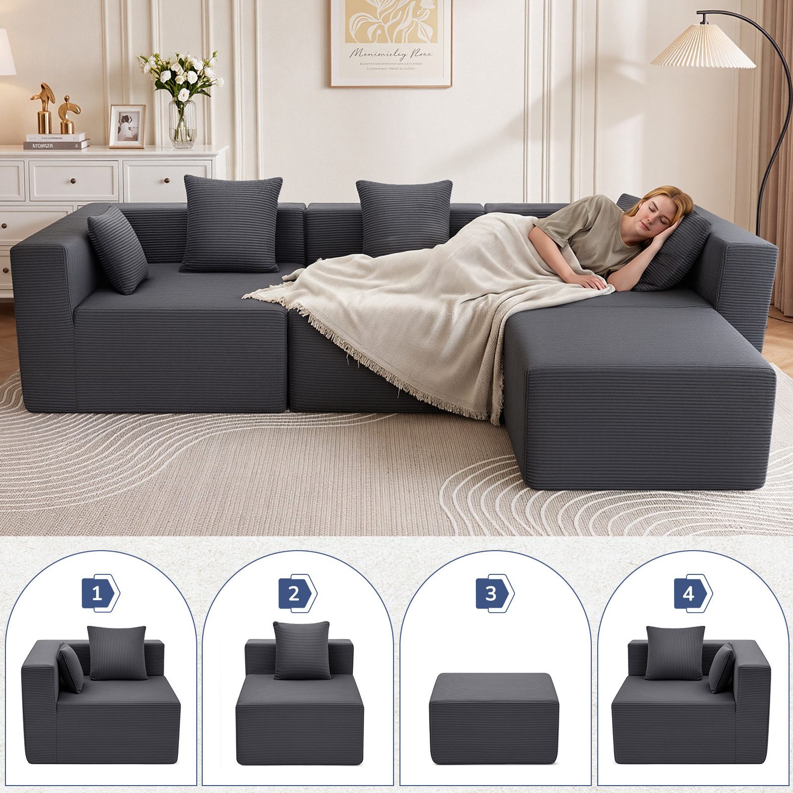 Insma Ecksofa L-Form Cord Modulares Sofa Schlafsofa B: 203cm mit Chaise Longue, Kissen und Armlehnen, 3 Sitzer Sofa mit tiefer Sitzfläche und breiten Armlehnen, 350 g/m²