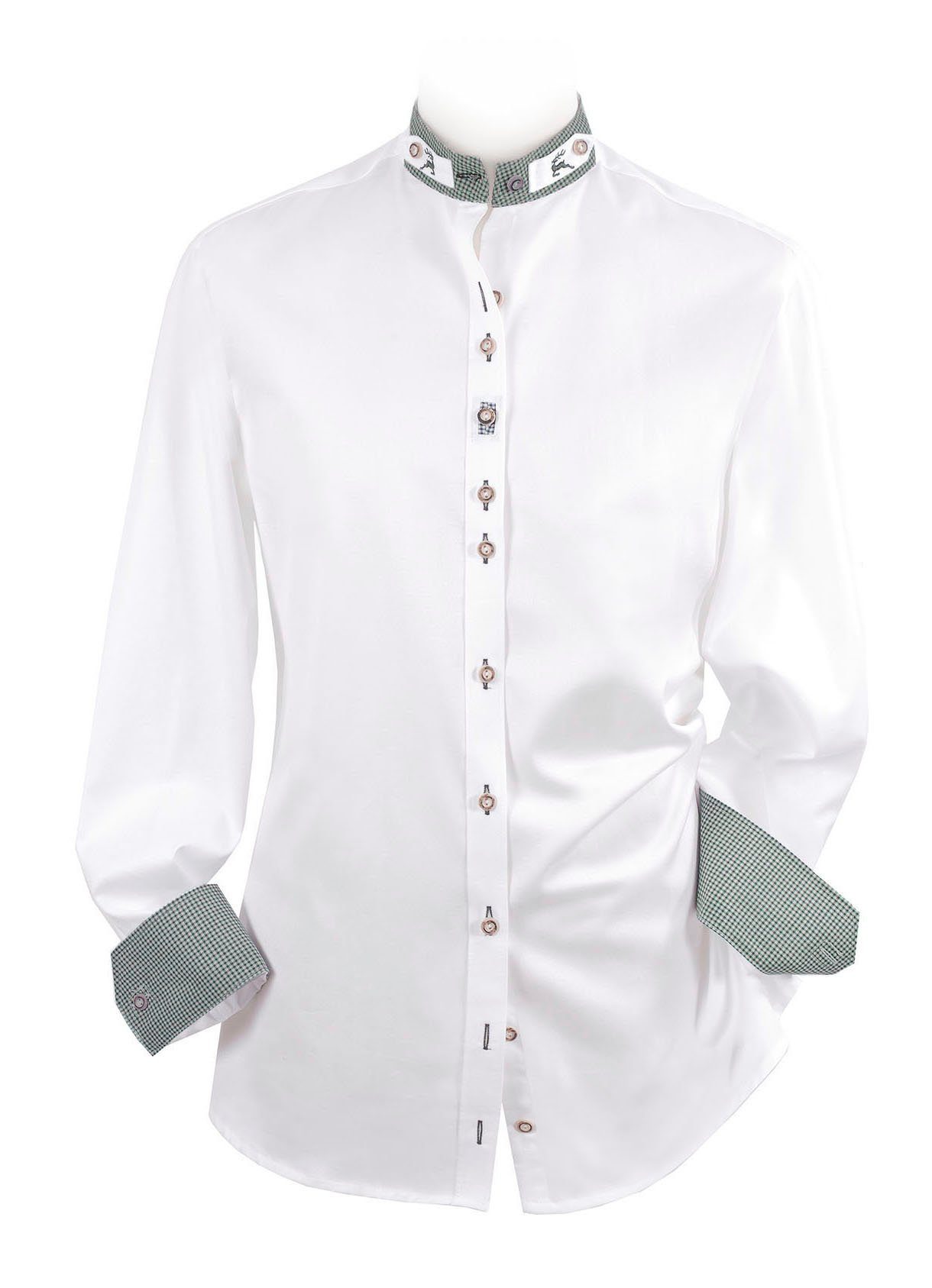 Moschen-Bayern Trachtenhemd Trachtenhemd SLIM FIT Herren Stehkragen Wiesnhemd Hirsch Langarm Weiß