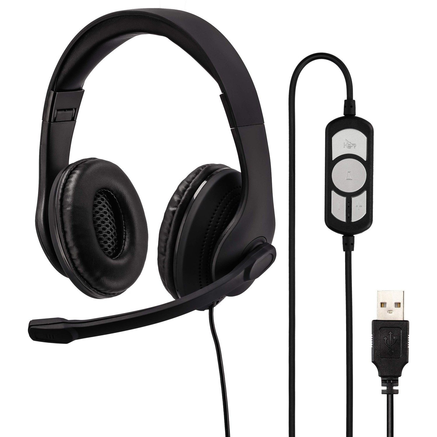 Hama Office Over-Ear Headset USB Stereo Schwarz PC-Headset (Mikrofon, PC Büro Kophörer Mikrofon Mikro Kopfbügel 2m Kabel Fernbedienung)