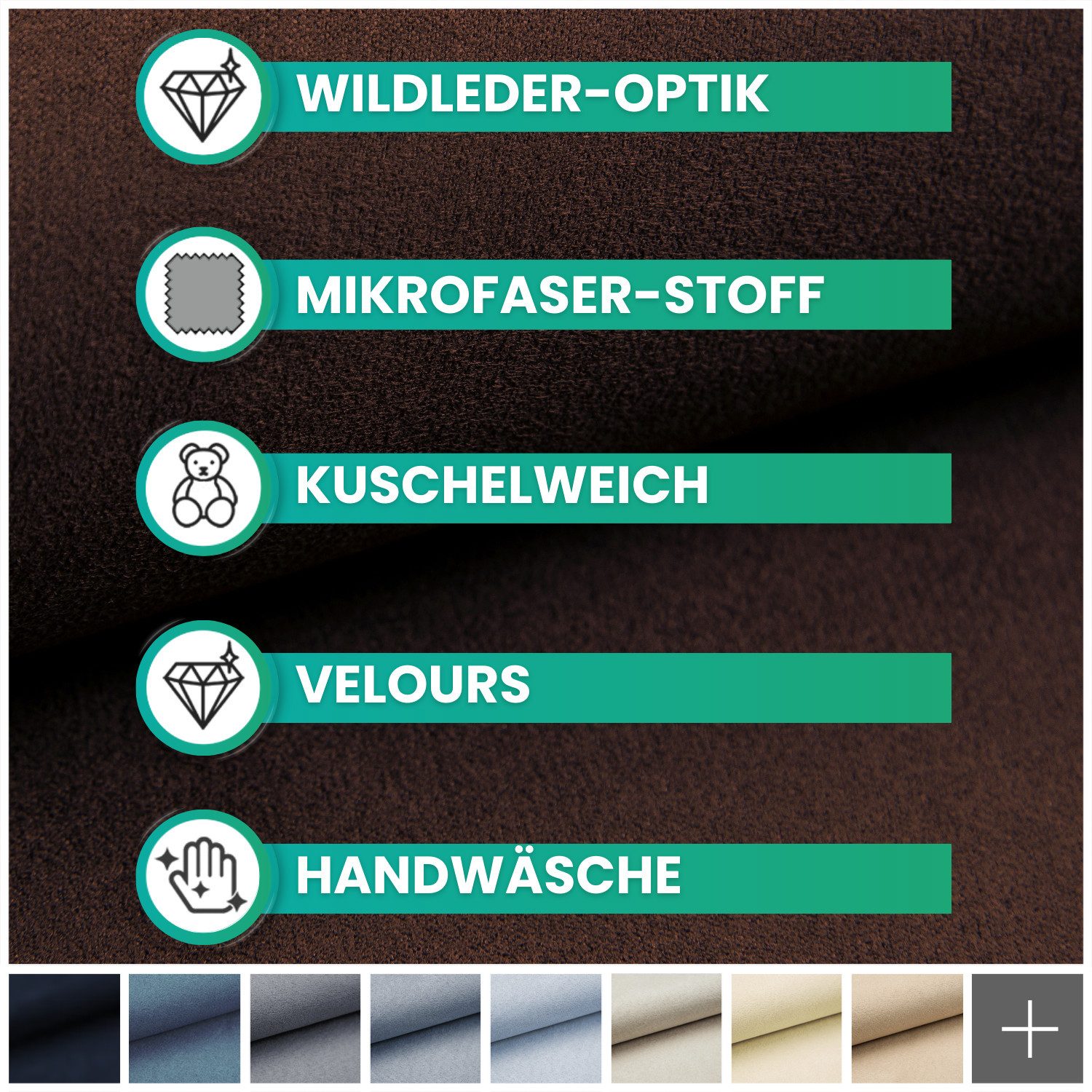 novely® Stoff ALPEN Polsterstoff im Wildleder-Look - Velours-Microfaser-Möbelstoff, Robust, Wasserfest, Samtweich, Meterware, 1lfm