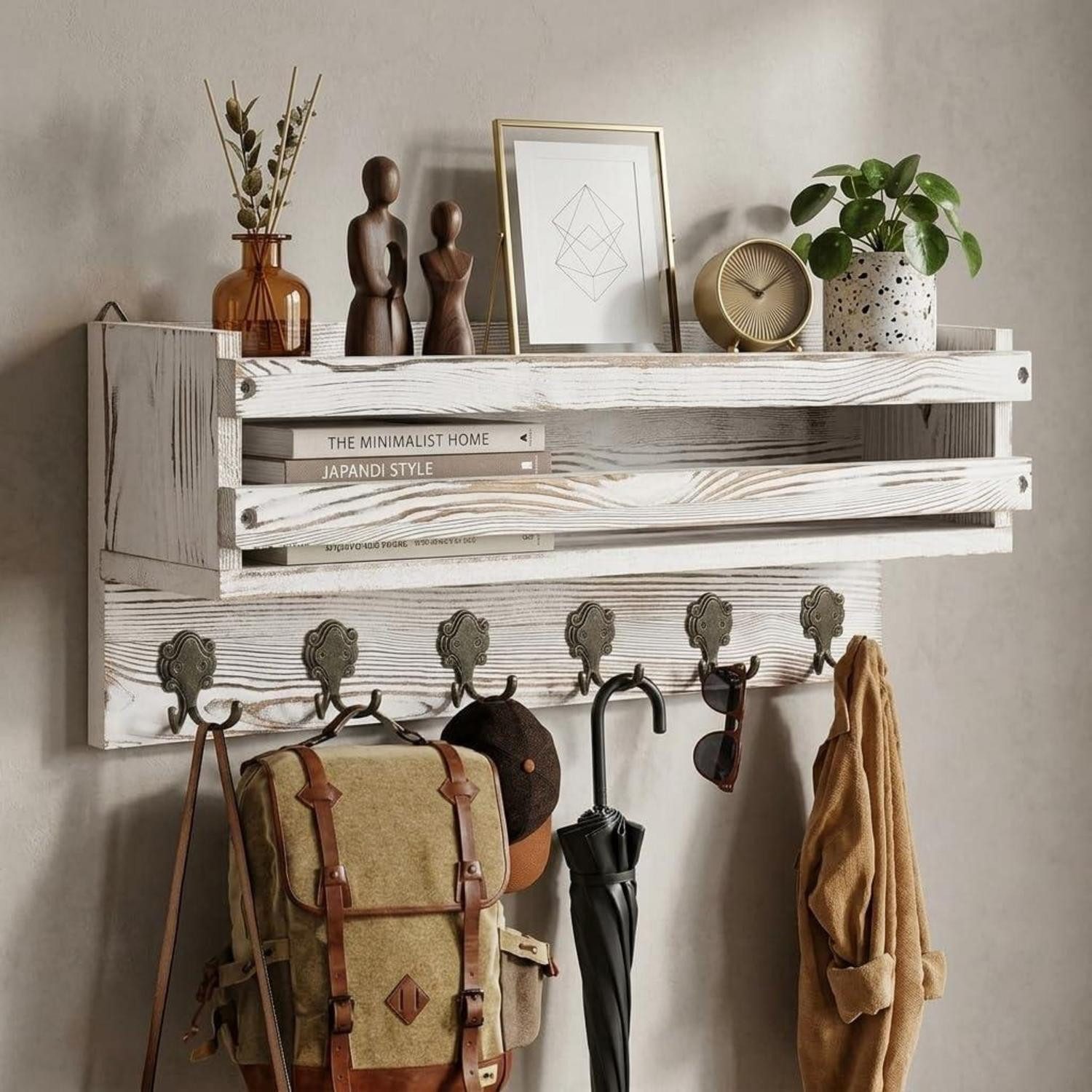 LuxusKollektion Wandgarderobe Garderobenleiste Holz mit Ablage 58 cm Weiss