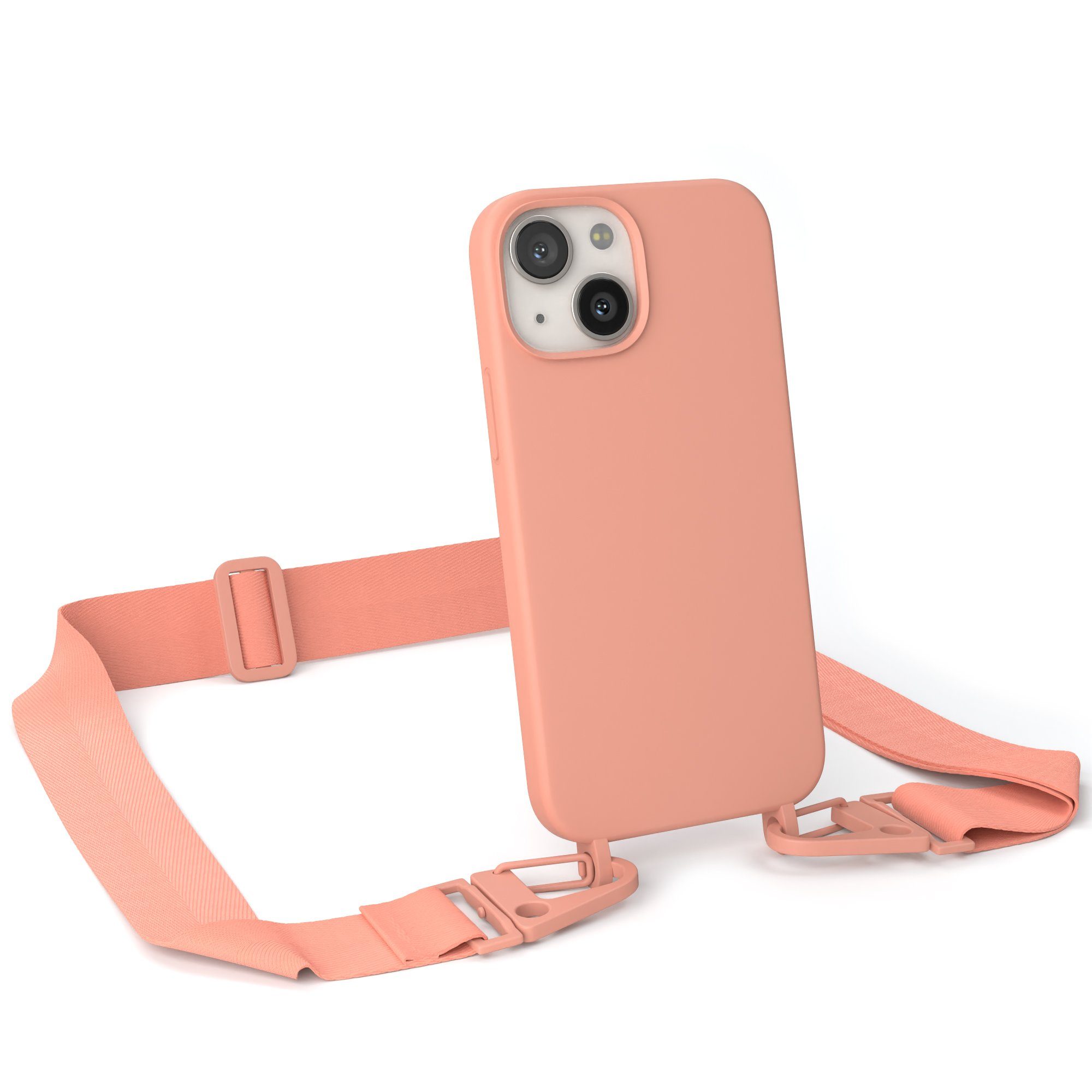 EAZY CASE Handykette Karabiner Breitband für Apple iPhone 13 Mini 5,4 Zoll, Silicon Handyhülle mit breiter Kette Carabiner Necklace Altrosa Coral