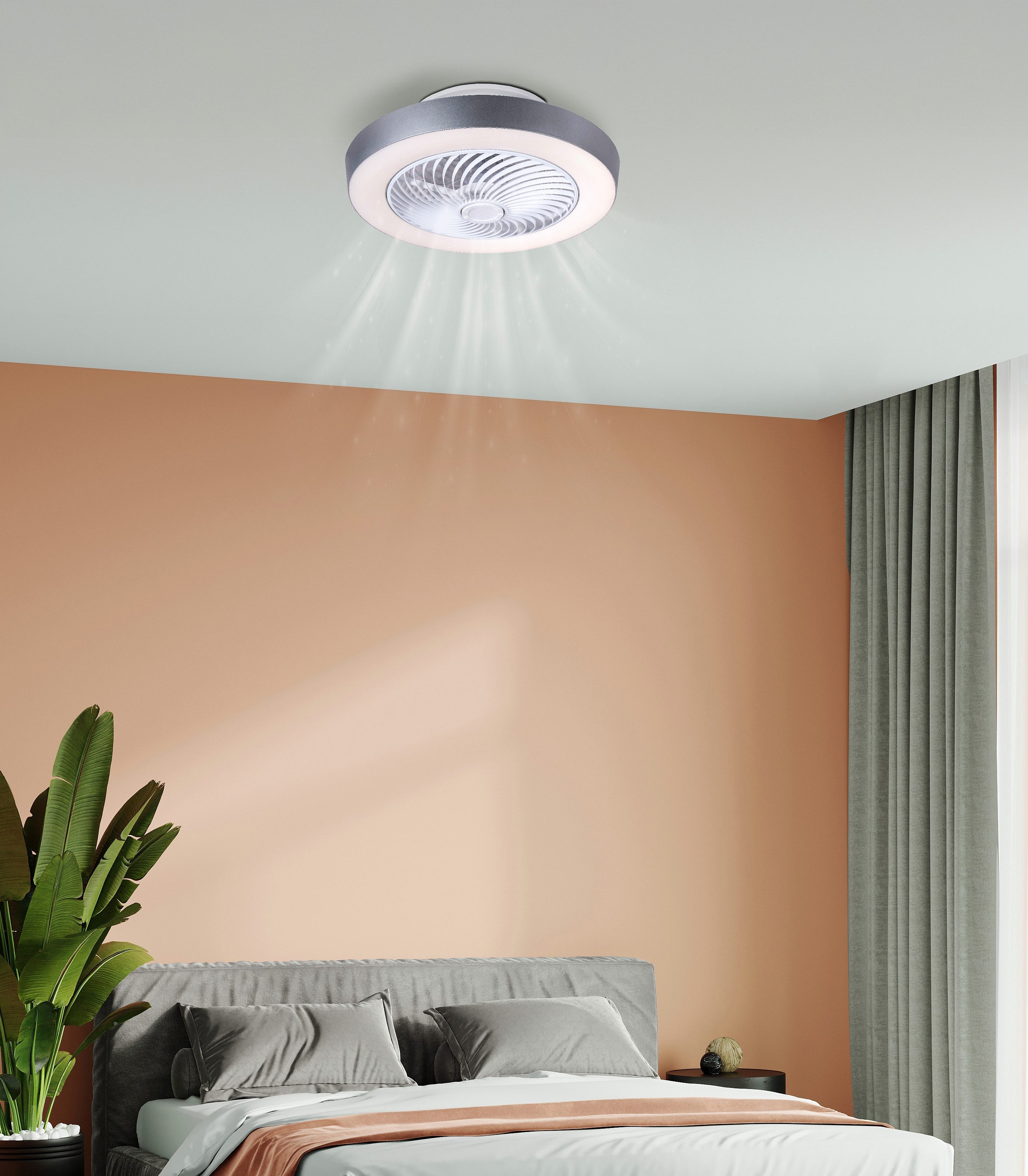 GLOBO LIGHTING Deckenleuchte GHARRA, Dimmfunktion, Fernbedienung, Infrarot inkl., Memoryfunktion, Nachtlichtfunktion, Ventilatorfunktion, mehrere Helligkeitsstufen, LED fest integriert, warmweiß - kaltweiß, Ventilator Funktionen kühlen CCT 2700-6500K weiß grau Wohnraumkühlung