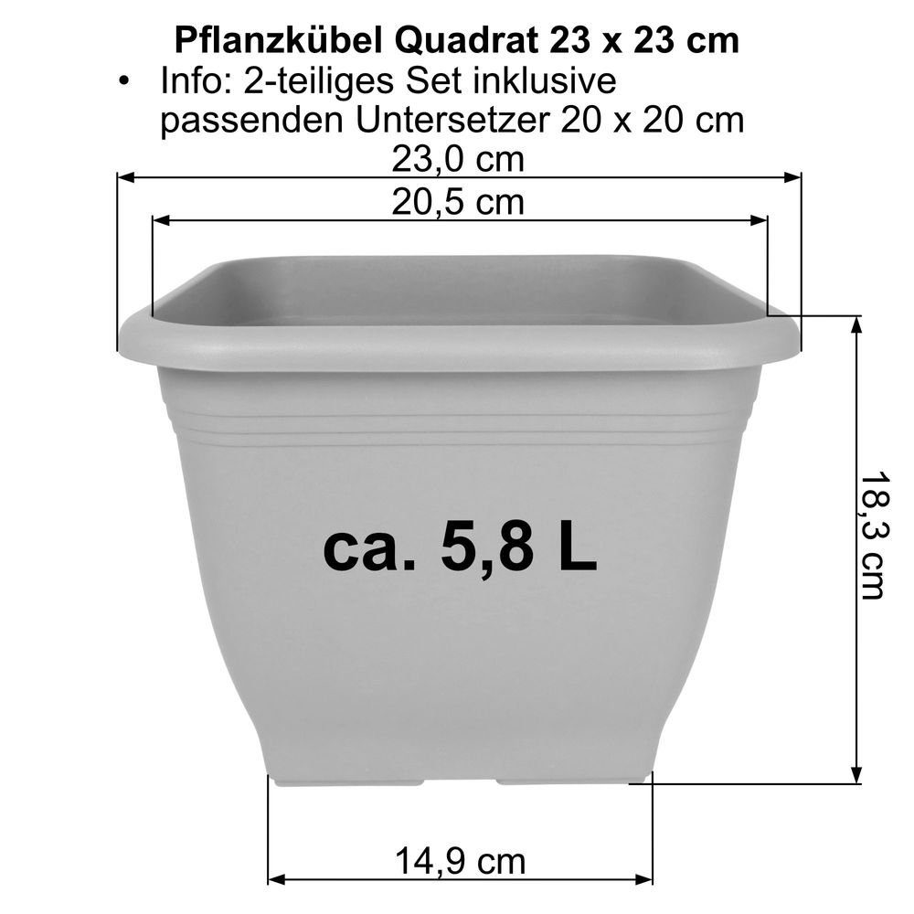 cm, Kunststoff und Quadrat 20x20 Pflanzkübel aus Set 2-tlg. cm Pflanzkübel 23x23 Blumentopf MePla UV-beständigem aus Untersetzer Heimwerkercenter wetterfest Taupe,