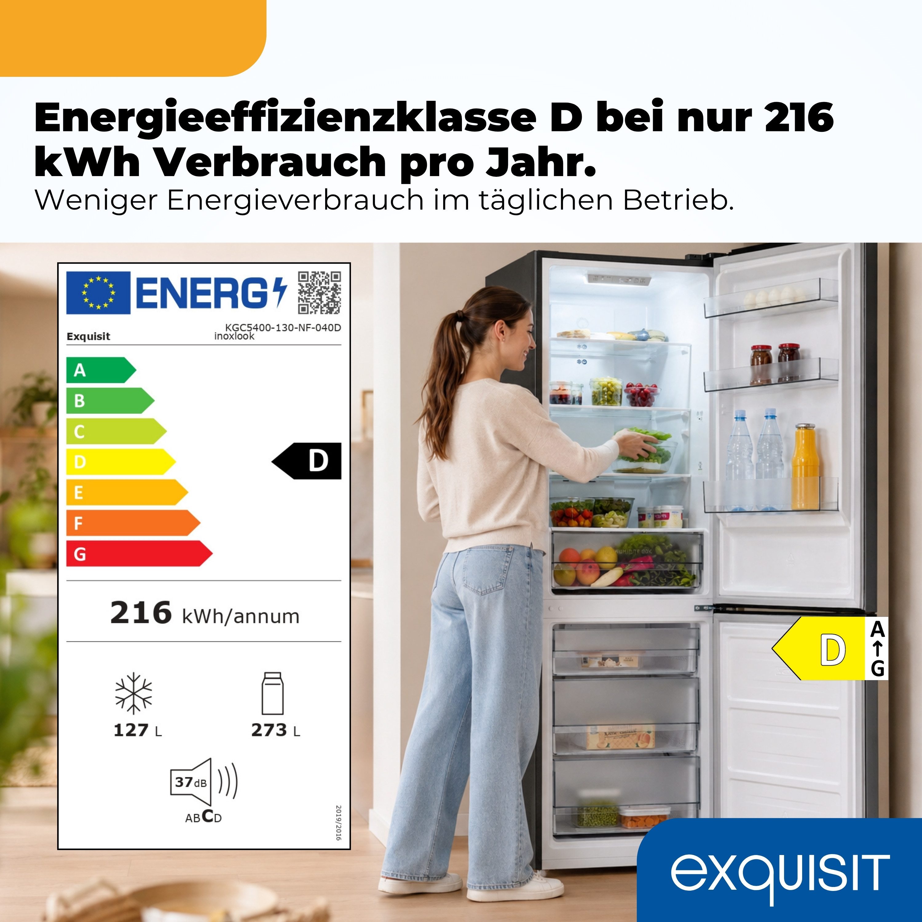 exquisit Kühl-/Gefrierkombination KGC5400-130-NF-040D, 186 cm hoch, 60 cm breit, 400 l, LED Beleuchtung, 37 dB Geräuschklasse C