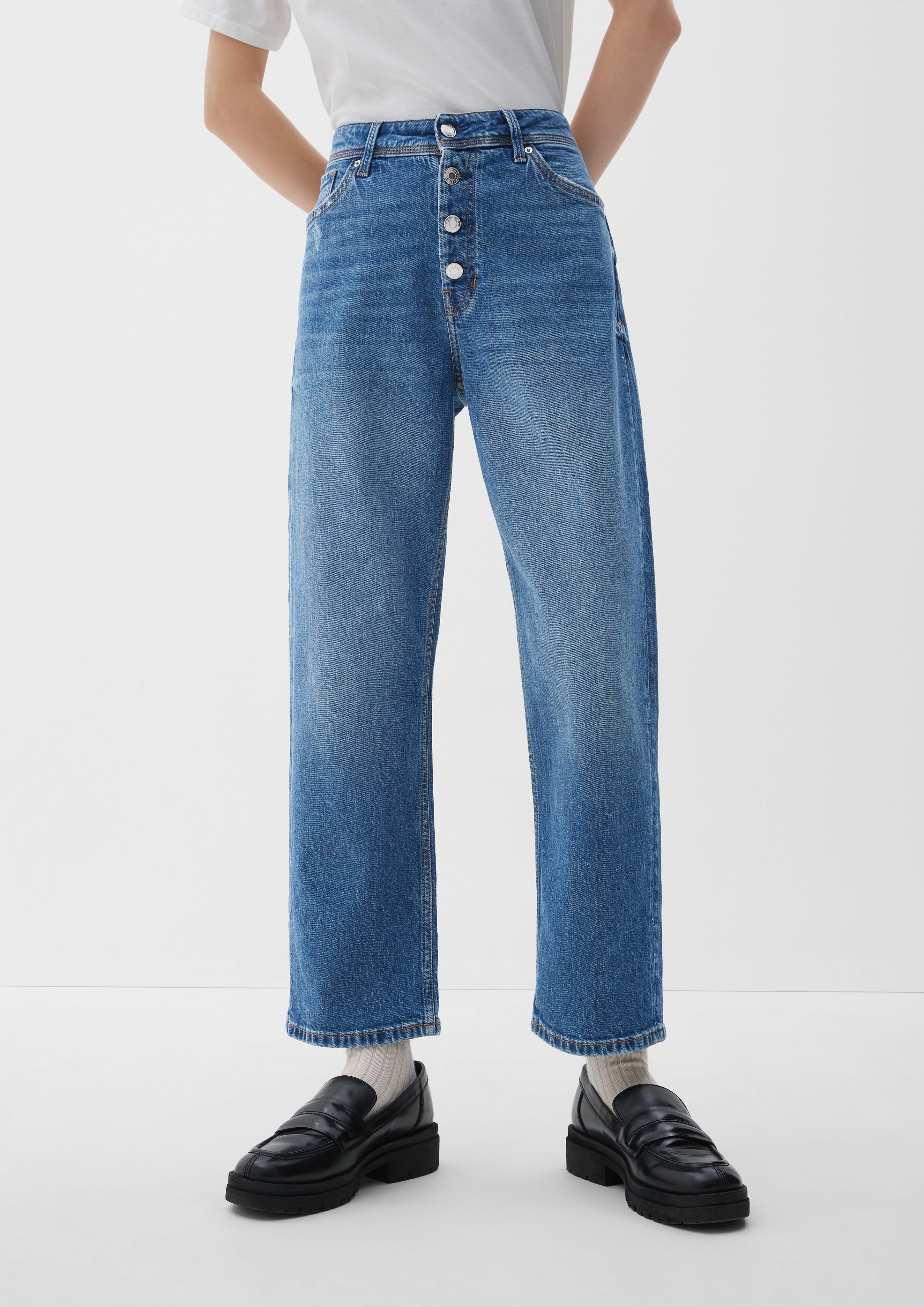 s.Oliver 7/8-Jeans Cropped-Jeans / High Leder-Patch, Karolin ozeanblau / Fit / Straight Leg Regular Waschung Rise