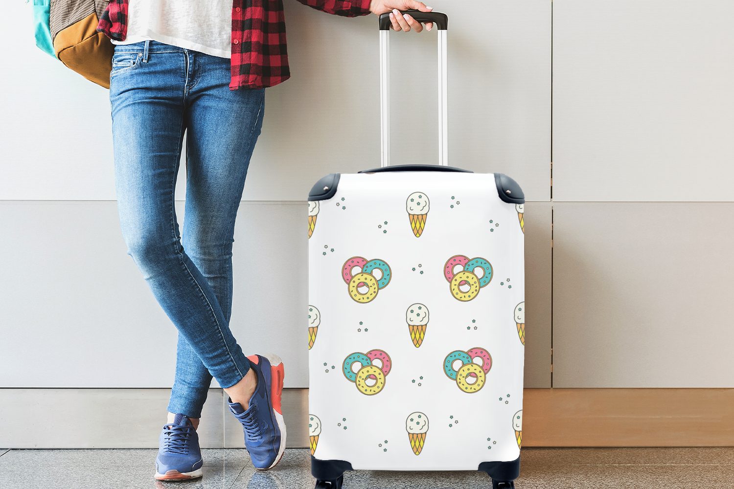 MuchoWow Muster Eiscreme Trolley, - - Handgepäck Donus Ferien, Handgepäckkoffer rollen, für - mit Kinder, 4 Rollen, - Reisetasche Jungen Reisekoffer