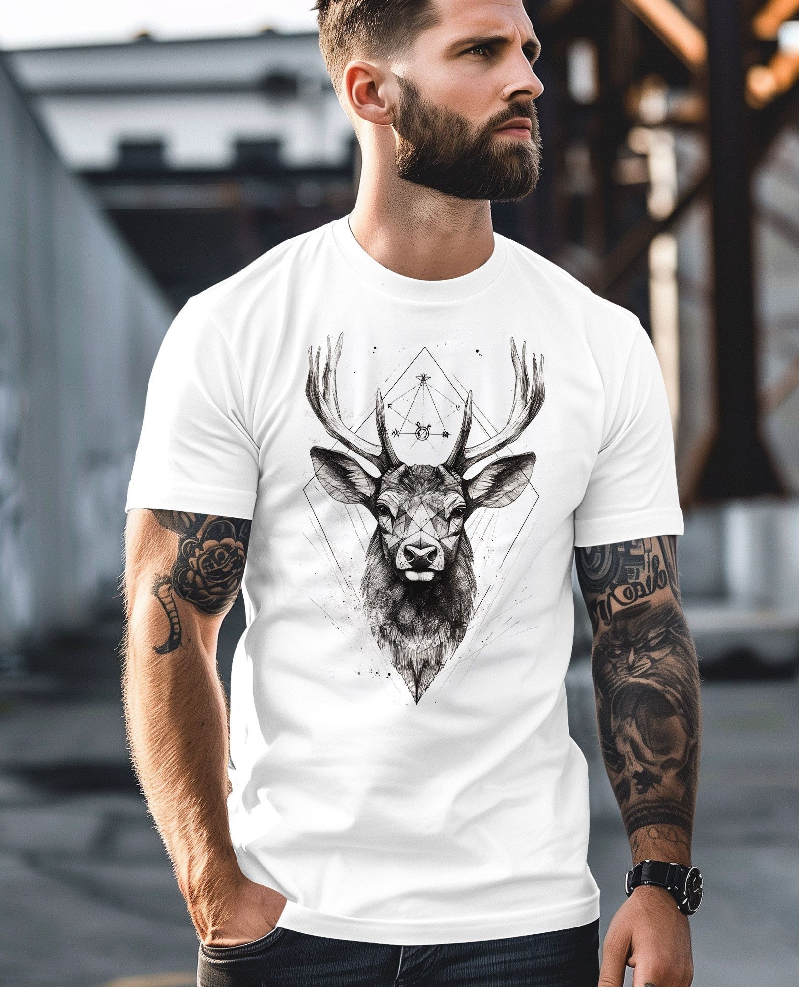 Neverless Print-Shirt Herren T-Shirt Hirsch Trachtenshirt Tiermotiv WildTier Abstrakt mit Print – Bild 4 von 4