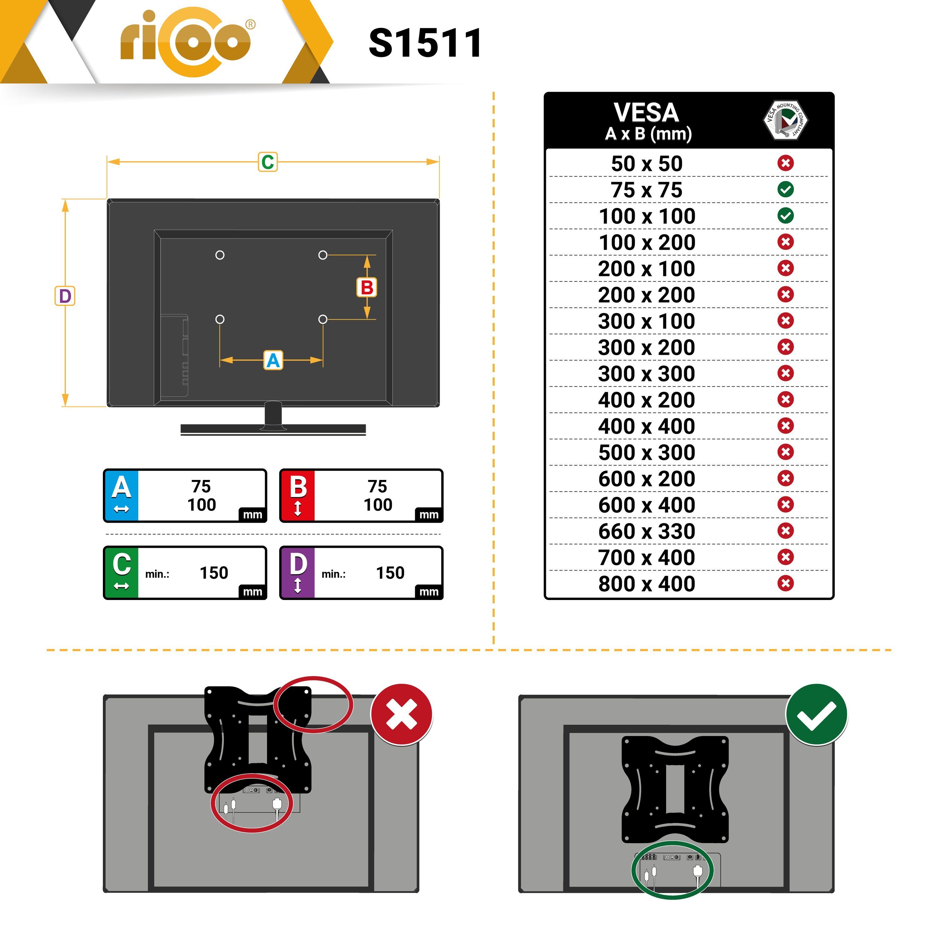 Monitor VESA (bis 100x100) neigbar Wand Halterung RICOO universal TV-Wandhalterung, 29 S1511 Zoll, schwenkbar