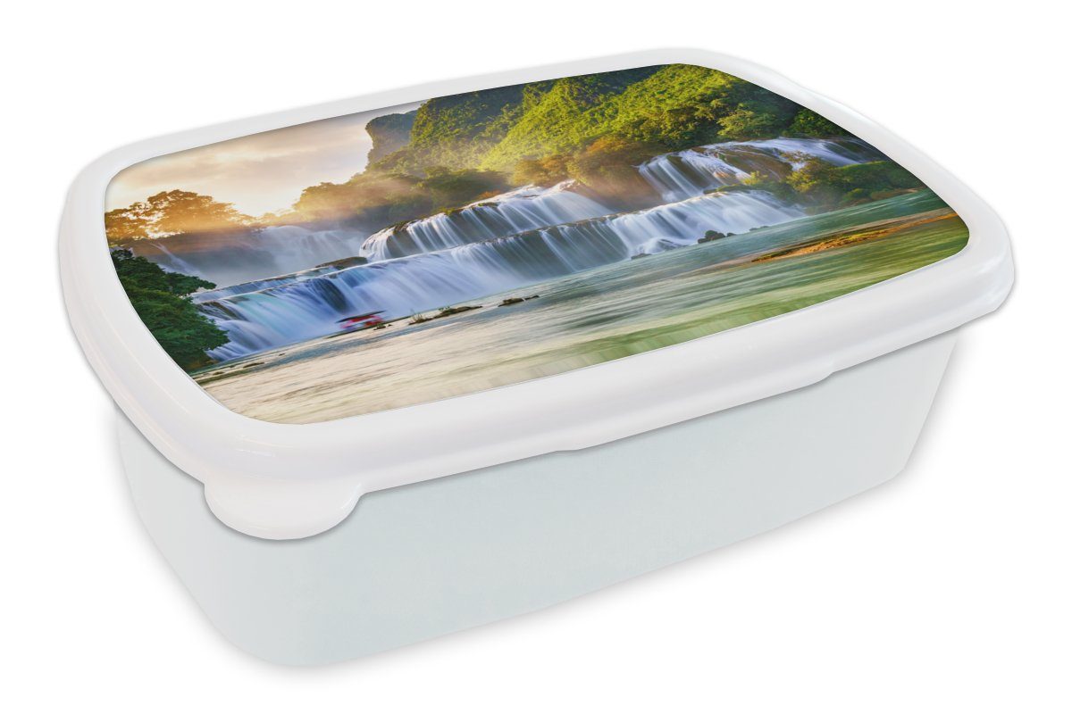 MuchoWow Lunchbox Wasserfall - Pflanzen - Sonne - Wasser - Natur, Kunststoff, (2-tlg), Brotbox für Kinder und Erwachsene, Brotdose, für Jungs und Mädchen weiß