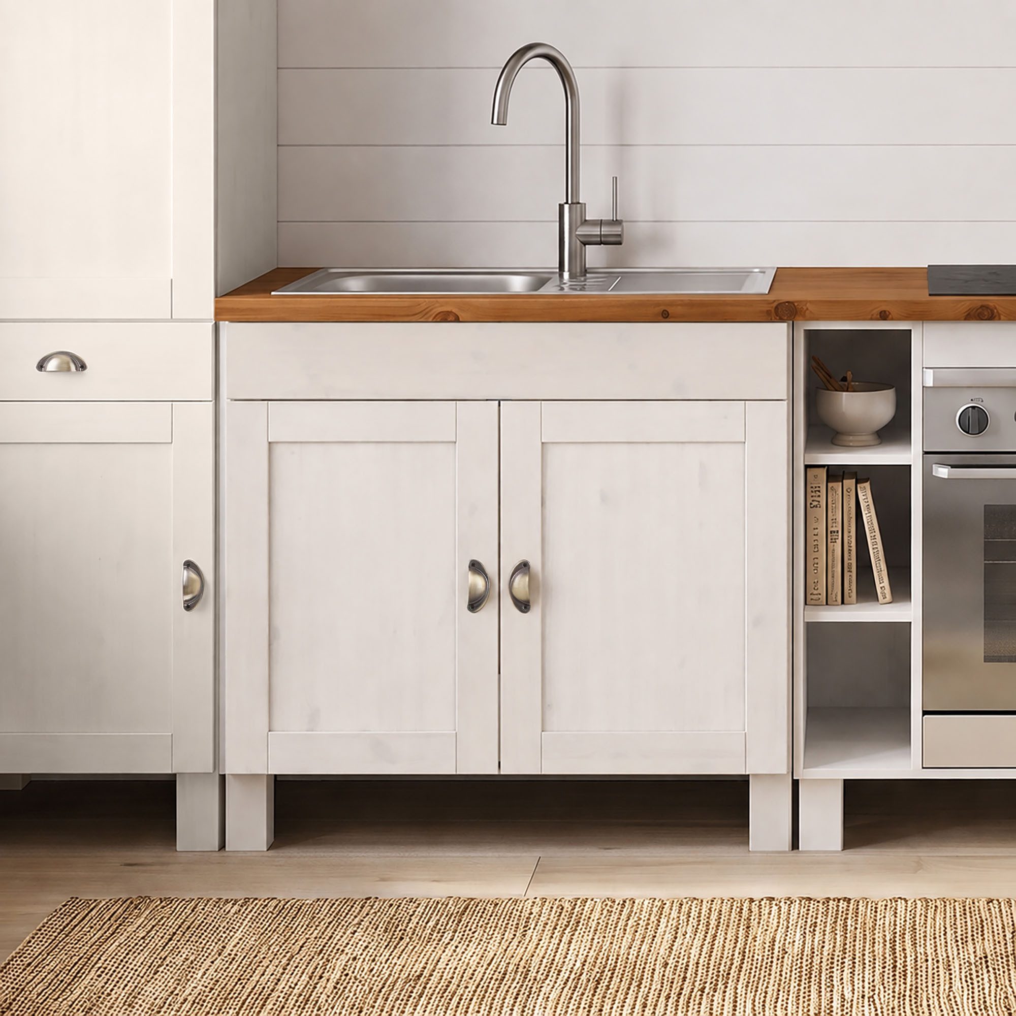 Home affaire Spülenschrank Oslo 100 cm breit, inklusive Einbauspüle aus Edelstahl, aus Kiefer – Bild 2 von 5