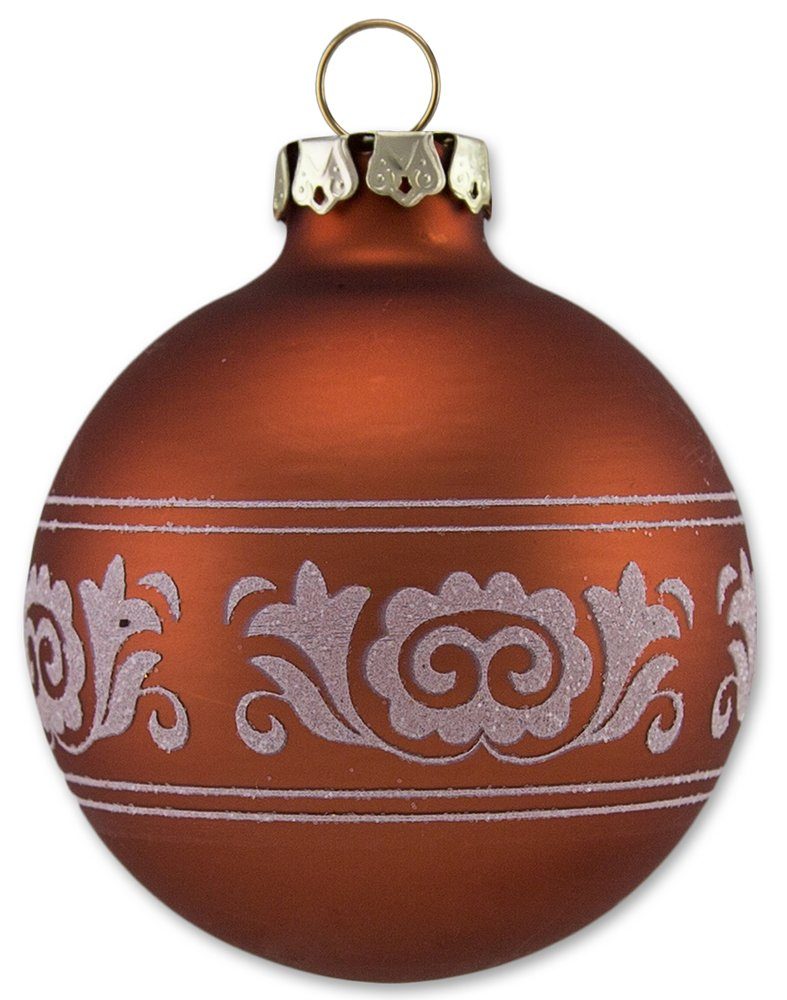 Thüringer Glasdesign Weihnachtsbaumkugel Kupfer mit aus - Christbaumkugeln Dekor aus Glitzer Romantikbordüre (12 Glas St), Braun Glas Rot
