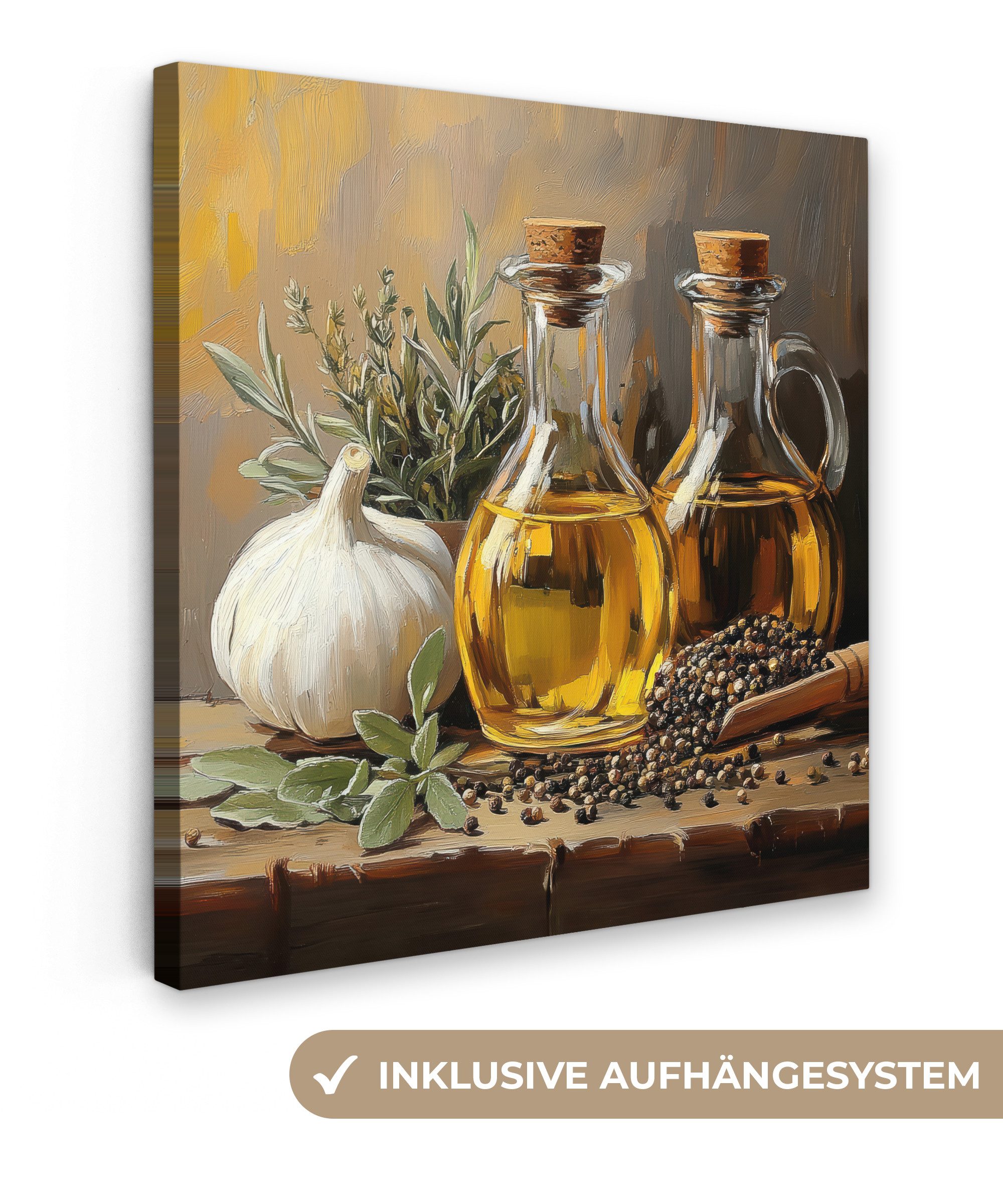 OneMillionCanvasses® Leinwandbild Stilleben - Olivenöl - Knoblauch - Kräute günstig online kaufen