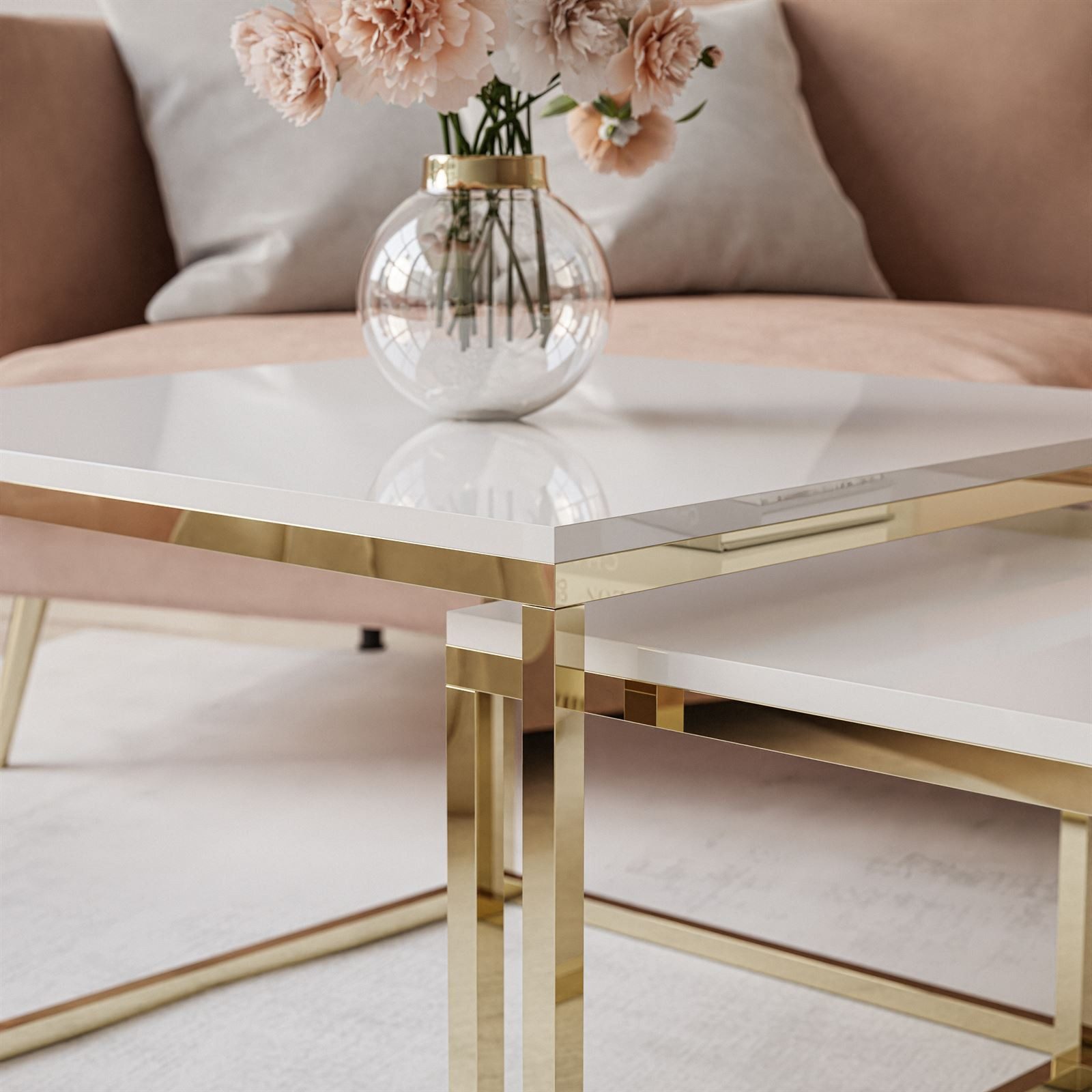 Lookway Couchtisch YOSHI 2in1 mit Goldenem Chromgestell (2er-Set), Breite: 70 cm und 60 cm – Bild 5 von 5