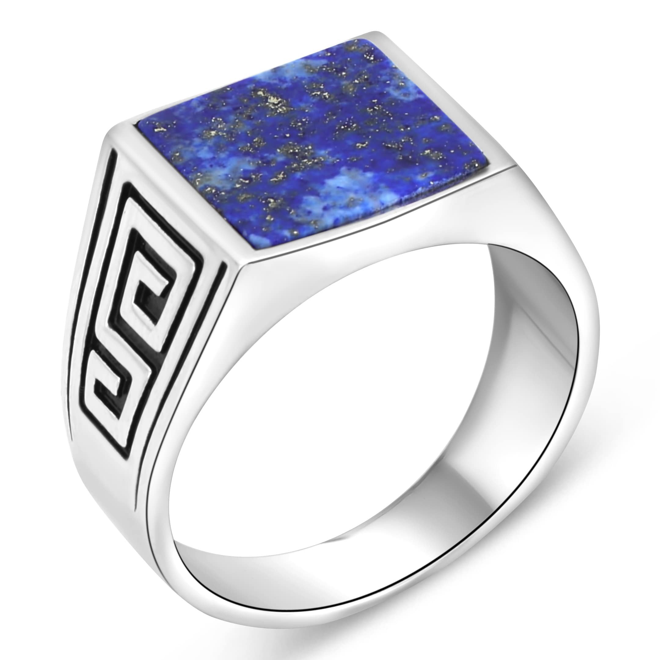 Tony Fein Siegelring Lapislazuli Griechisches Muster Massiv 925 Sterling Silber, Silberring Rhodiniert Made in Italy für Herren