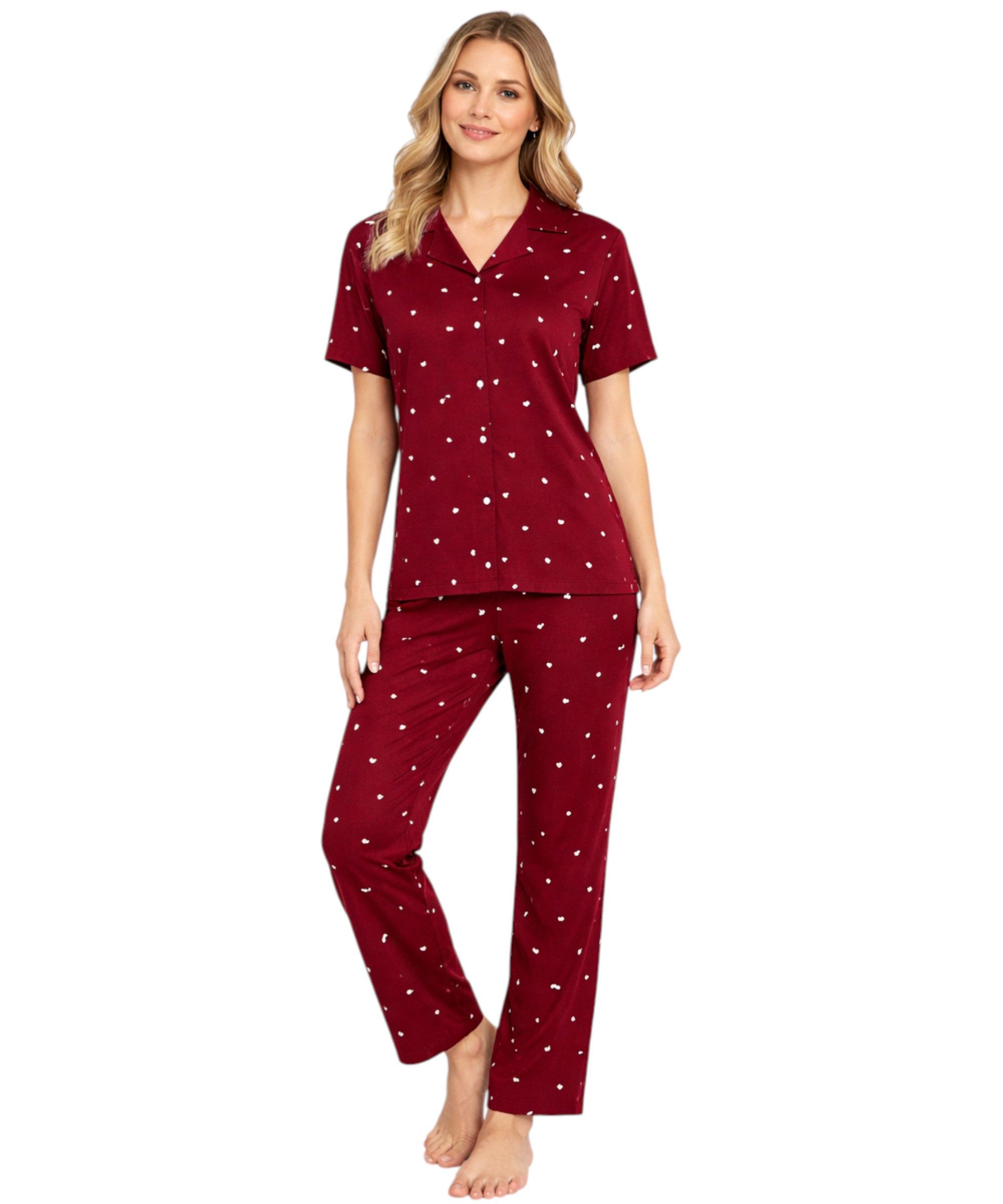 fashionshowcase Pyjama Hausanzug Schlafanzug Bordeauxrot mit Herz-Design (2 günstig online kaufen
