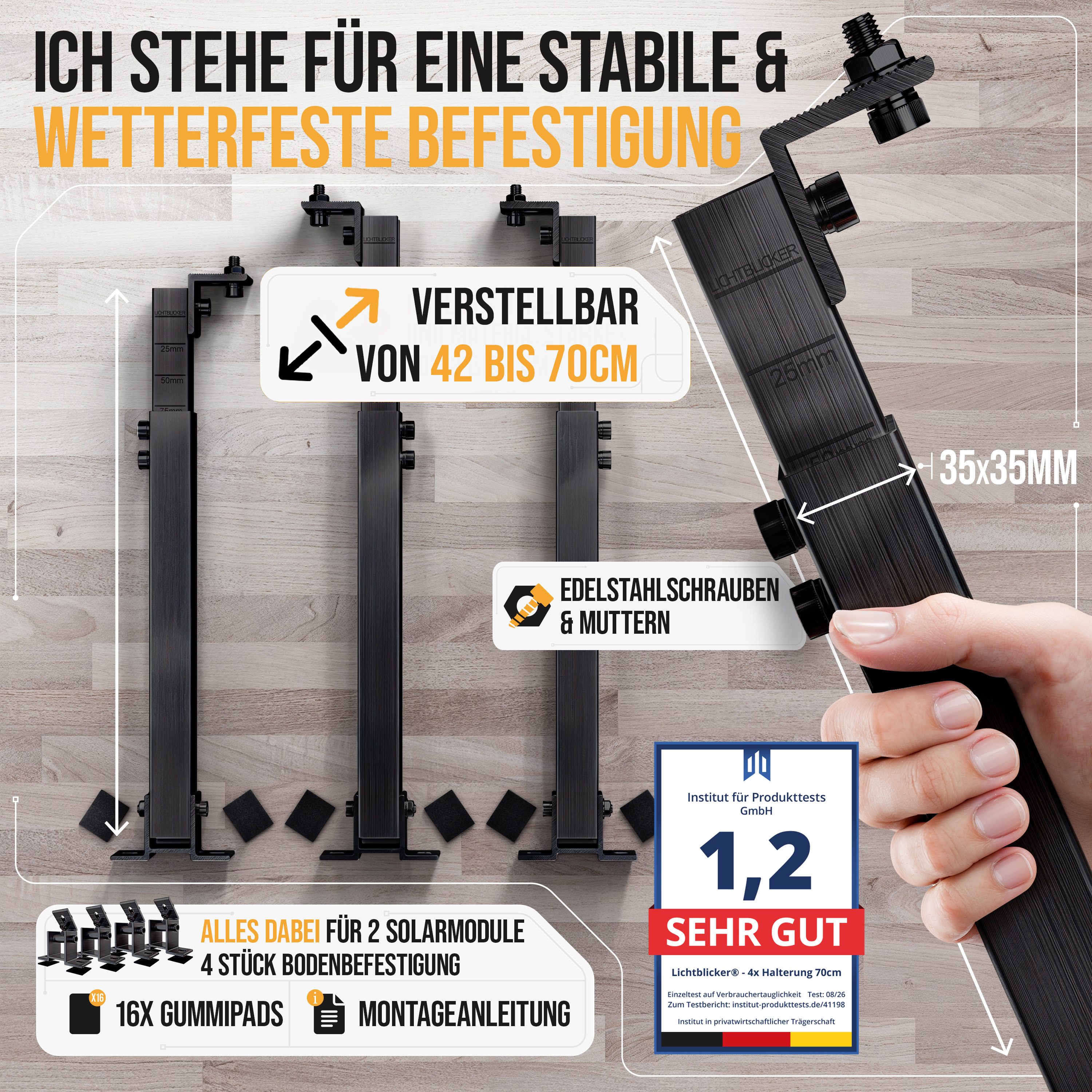 Lichtblicker Solarmodul-Halterung Balkonkraftwerk Halterung für 2x Solarmodule. Wand, Balkon, Flachdach, (verstellbar von 42 bis 70 cm, geeignet für Balkon, Wan – Bild 2 von 5