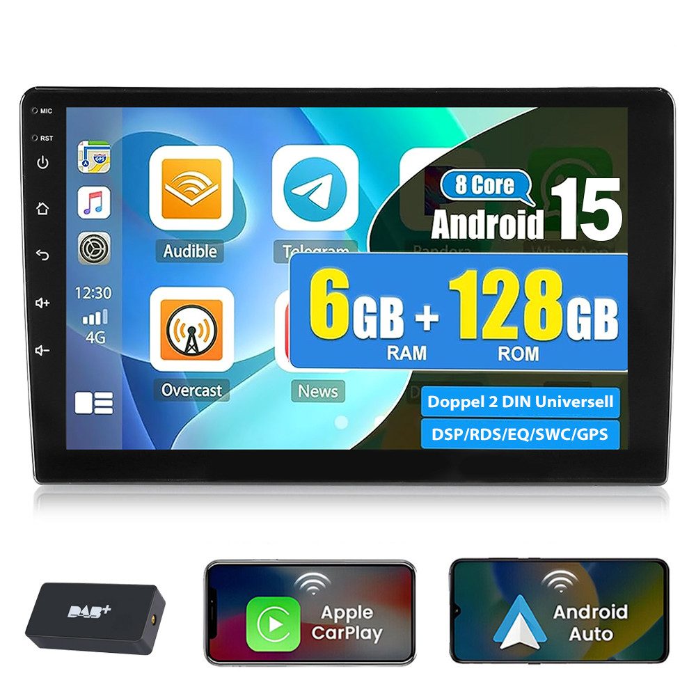 ESSGOO 10'' DAB+ 2DIN 6+128G Android 15 GPS Navi DAB Bluetooth WIFI Carplay Autoradio (DAB+ (optional), DAB (optional), RDS, 6GB+128GB, AM, FM, 10 Zoll Octa-Core 8-Kern DSP 4G LTE SWC BT EQ GPS Navi WIFI)