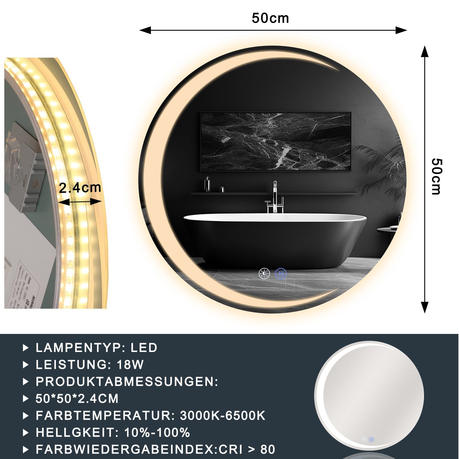 Nettlife Badspiegel led rund mit beleuchtung ablage Modern 50/60/70/80cm Dimmer (LED-Beleuchtung), Spiegel mit Entfogger Funktion – Bild 5 von 5