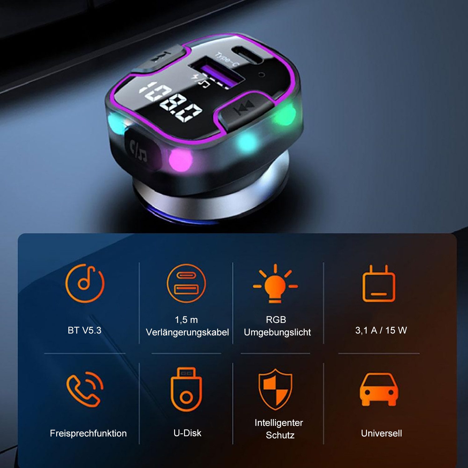 DESUO Zigarettenanzünder USB C Auto Ladegerät Bluetooth 5.3 FM Transmitter KFZ-Adapter
